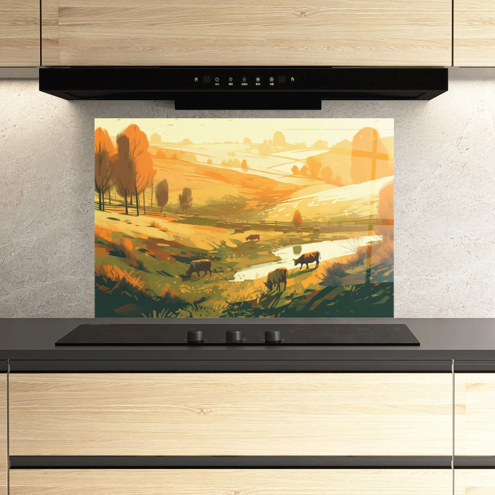 Küchenrückwand Glas Cows Sunlight Art mockup 3