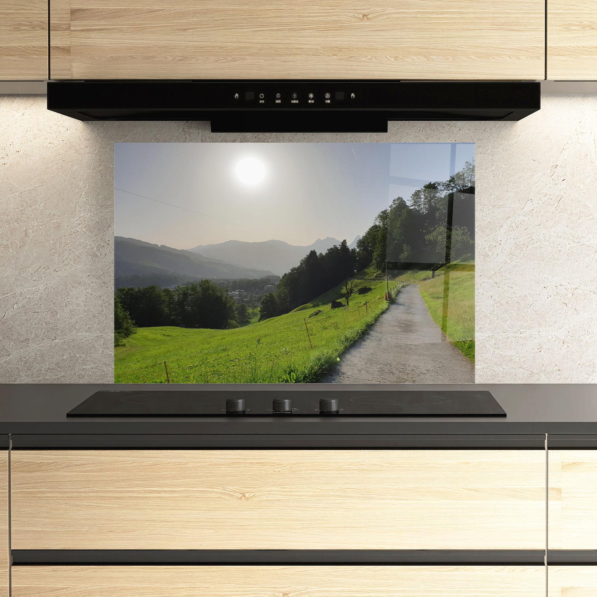 Küchenrückwand Glas Foggy Rural Road mockup 3