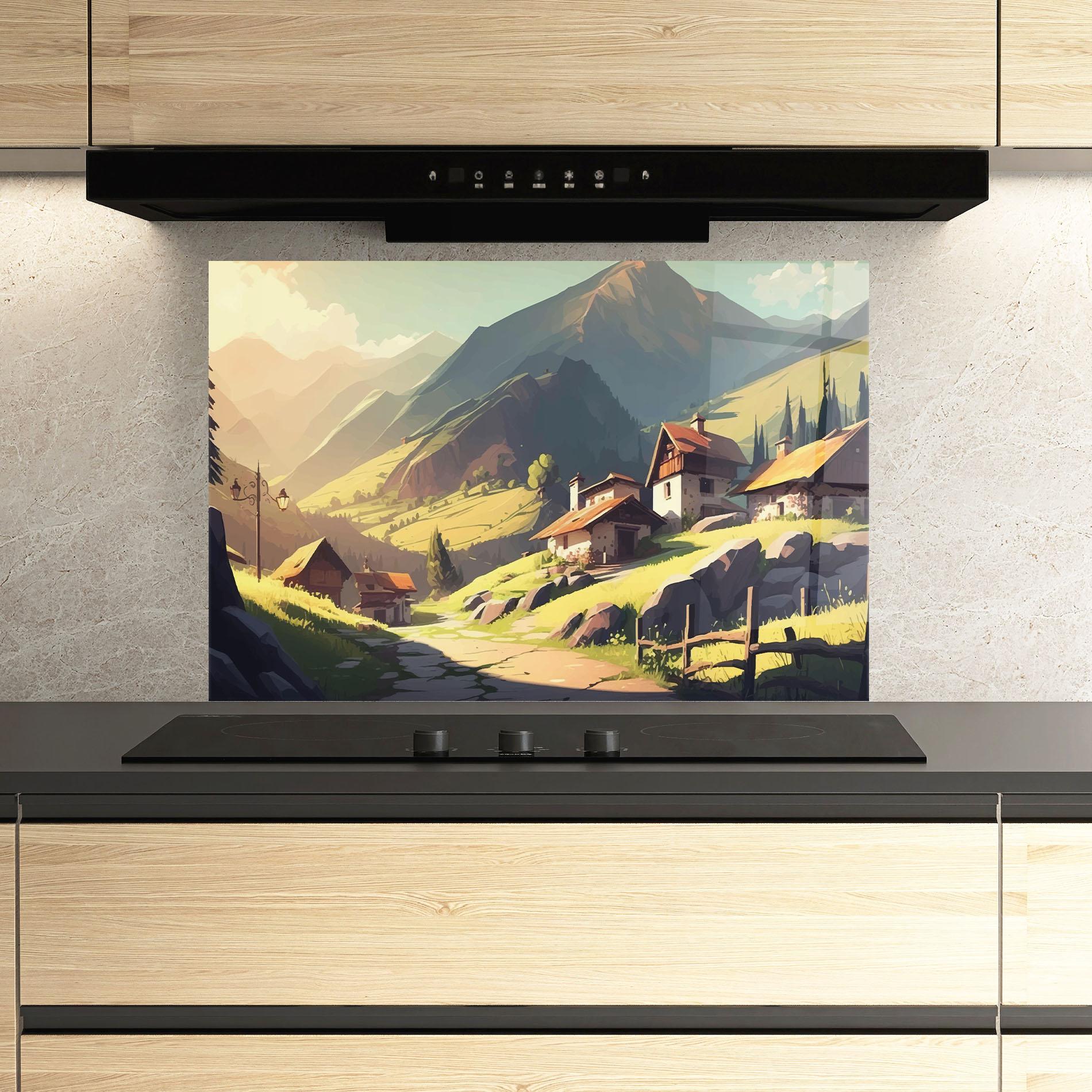 Küchenrückwand Glas Grassy Mountain View mockup 3