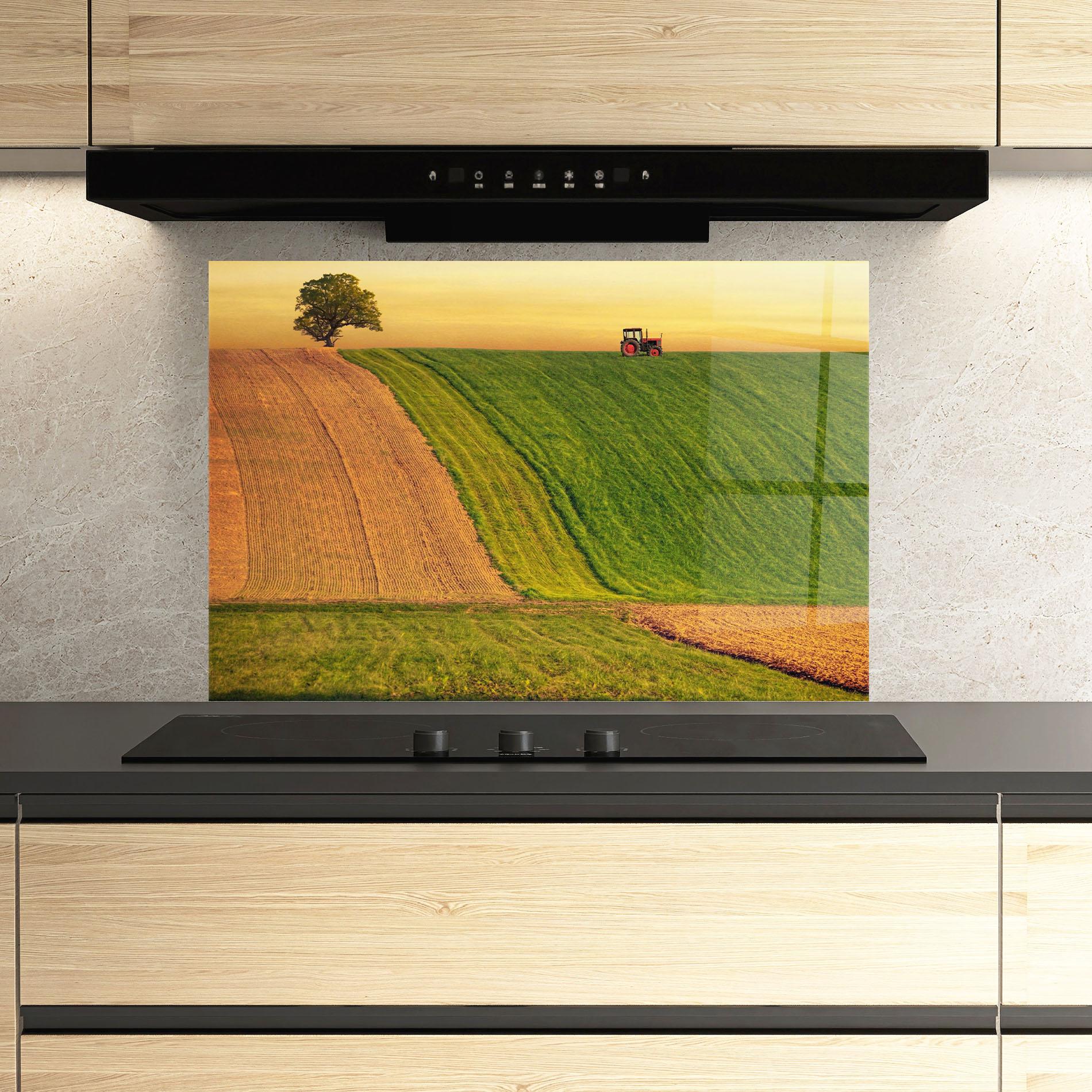 Küchenrückwand Glas Green Cream Field mockup 3