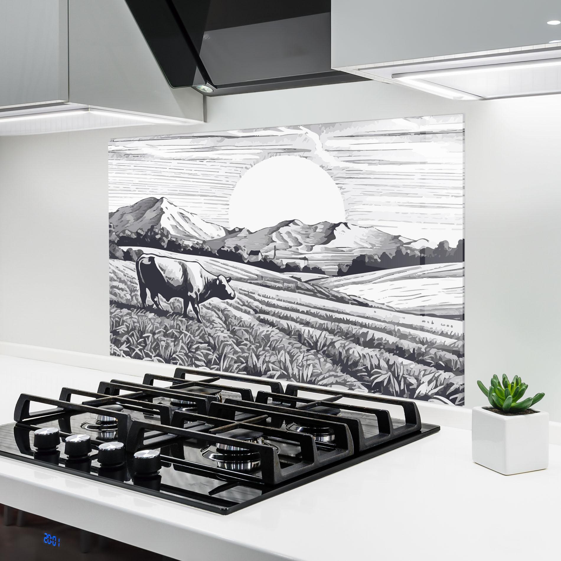 Küchenrückwand Glas Cow Grey Ink mockup 6
