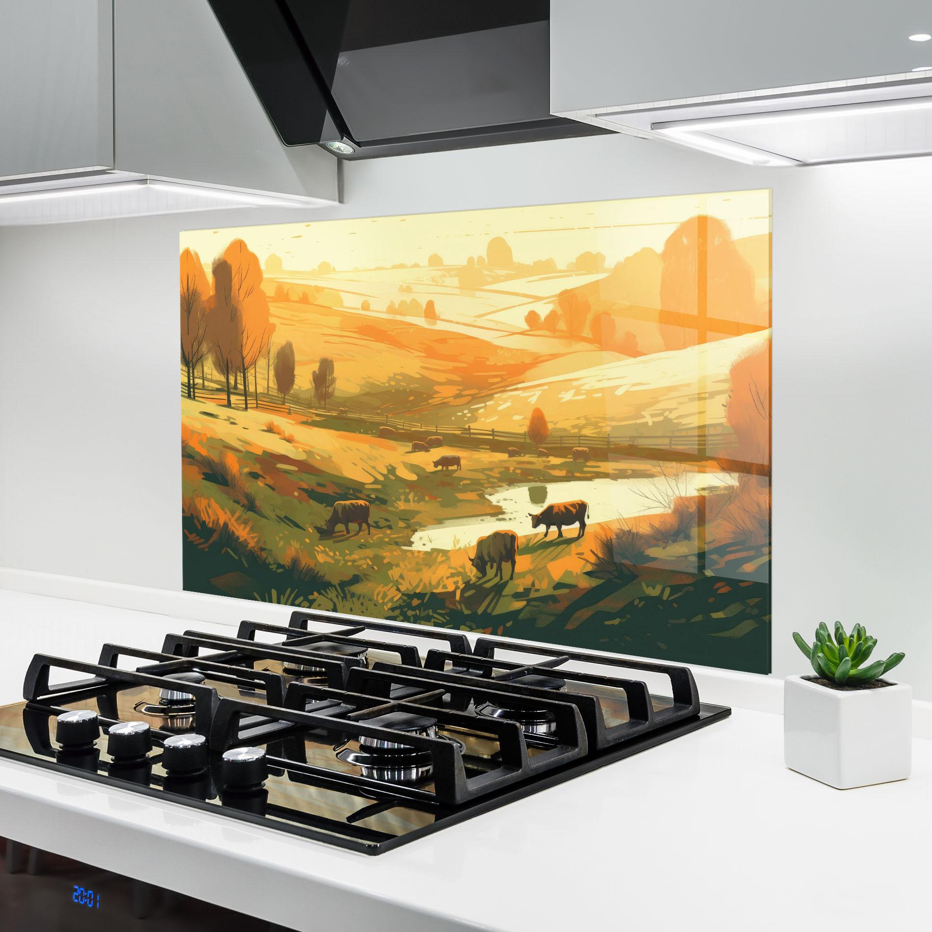 Küchenrückwand Glas Cows Sunlight Art mockup 6