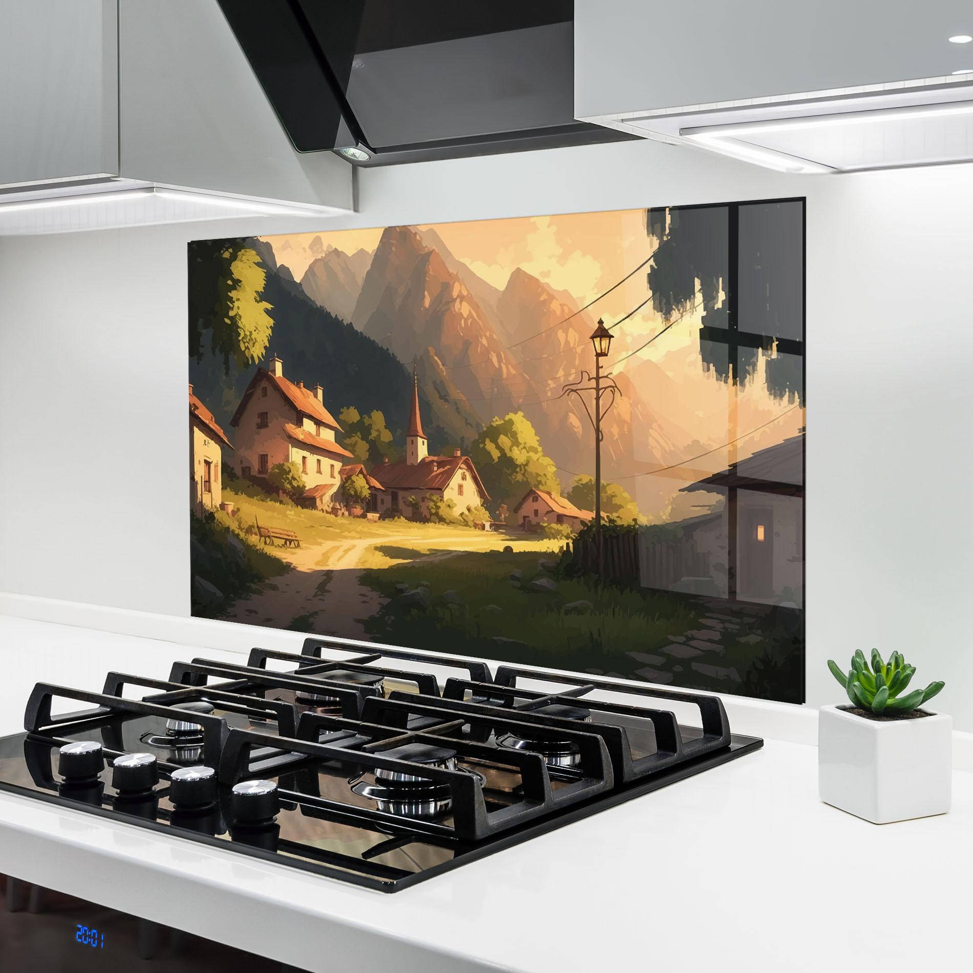 Küchenrückwand Glas Grassy Village View mockup 6