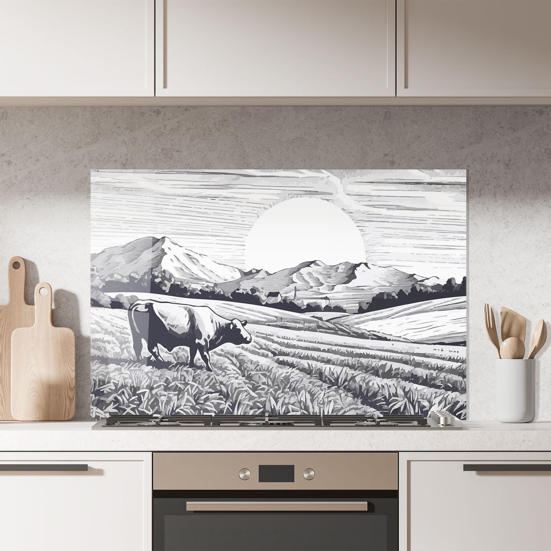 Küchenrückwand Glas Cow Grey Ink mockup 7