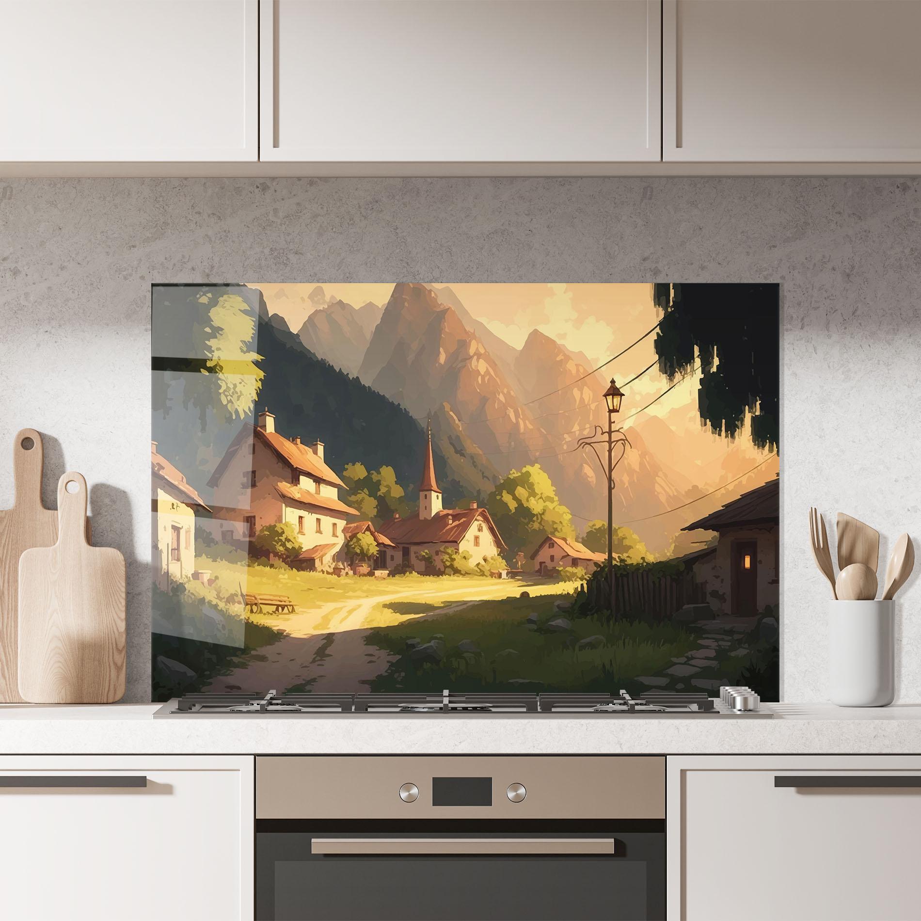 Küchenrückwand Glas Grassy Village View mockup 7