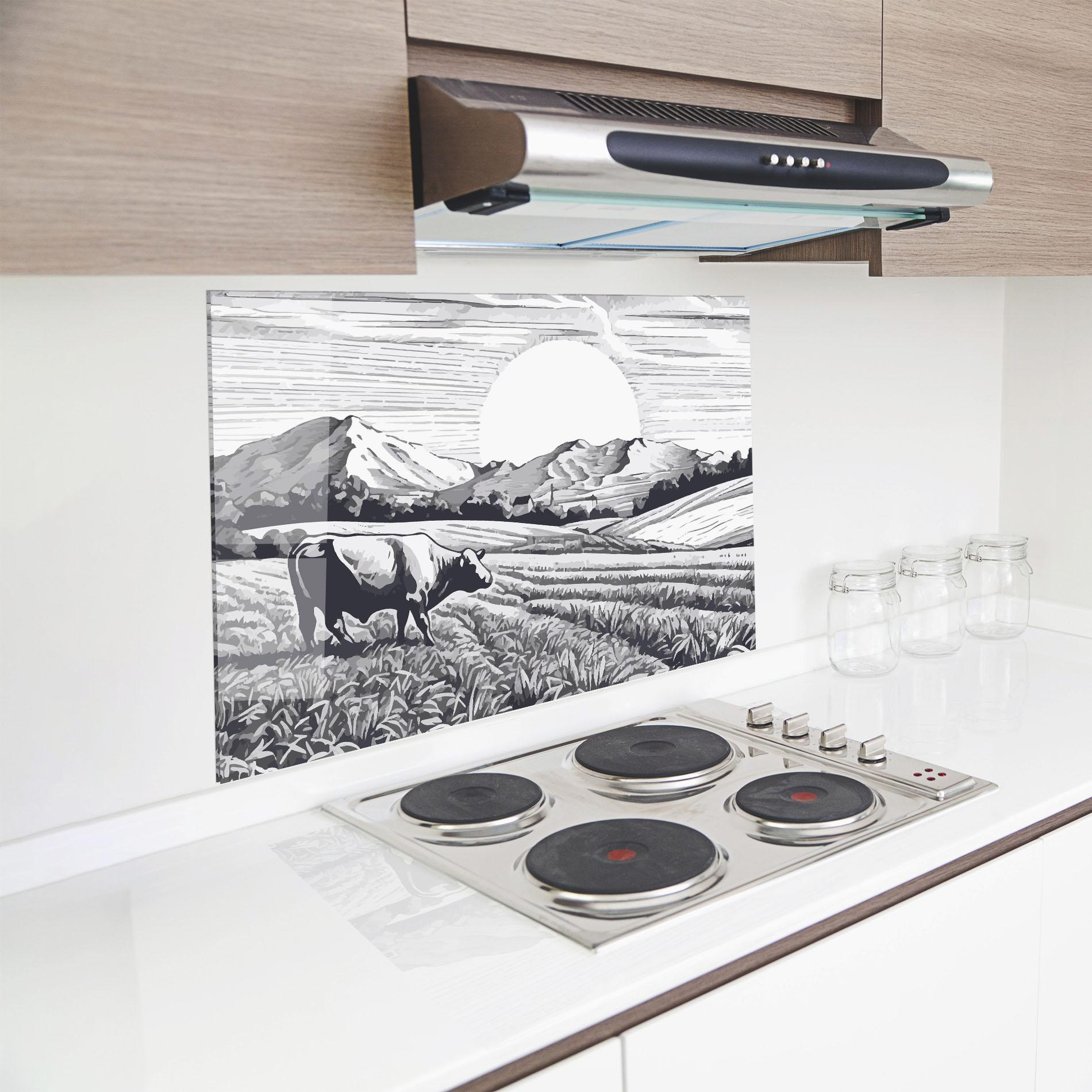 Küchenrückwand Glas Cow Grey Ink mockup 8