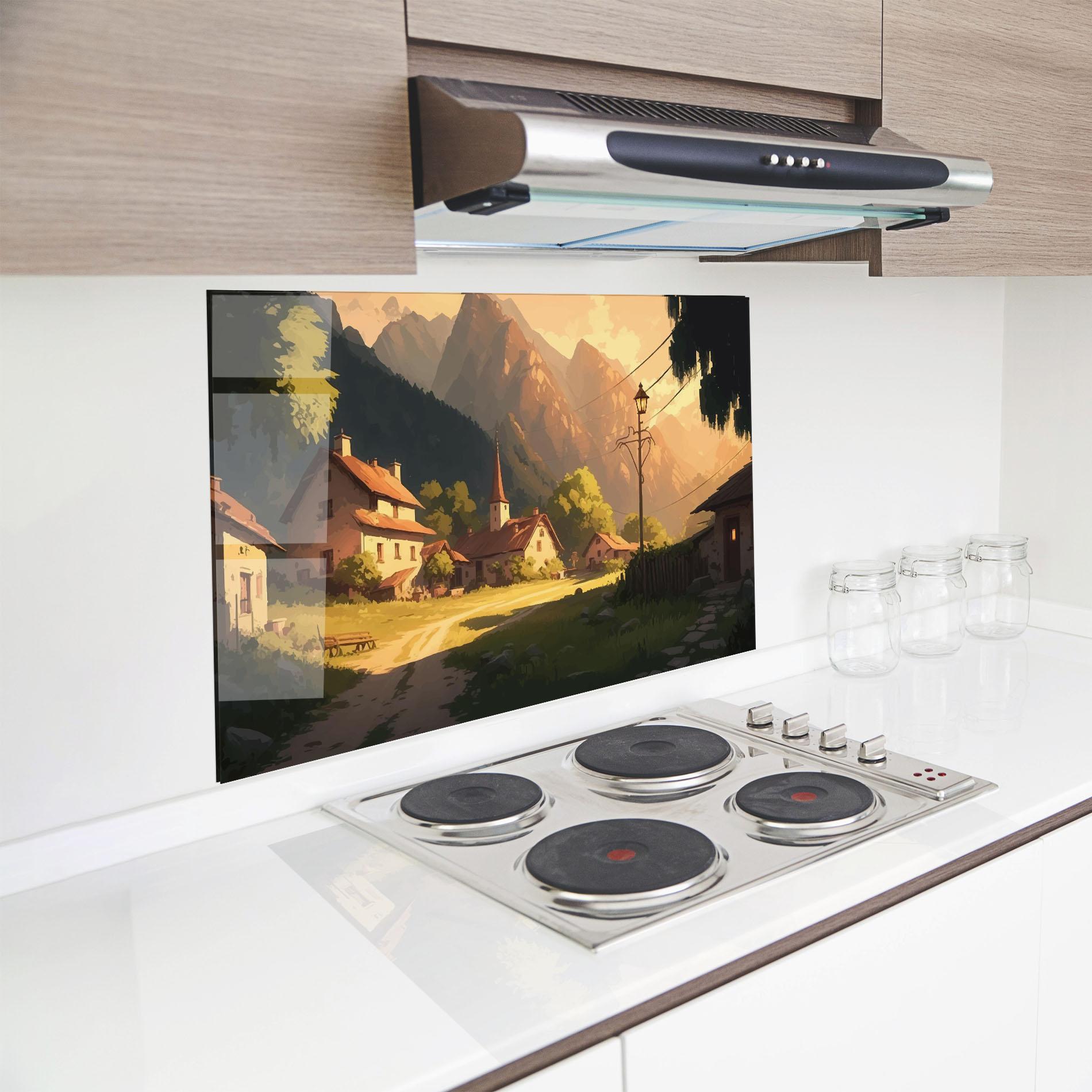 Küchenrückwand Glas Grassy Village View mockup 8