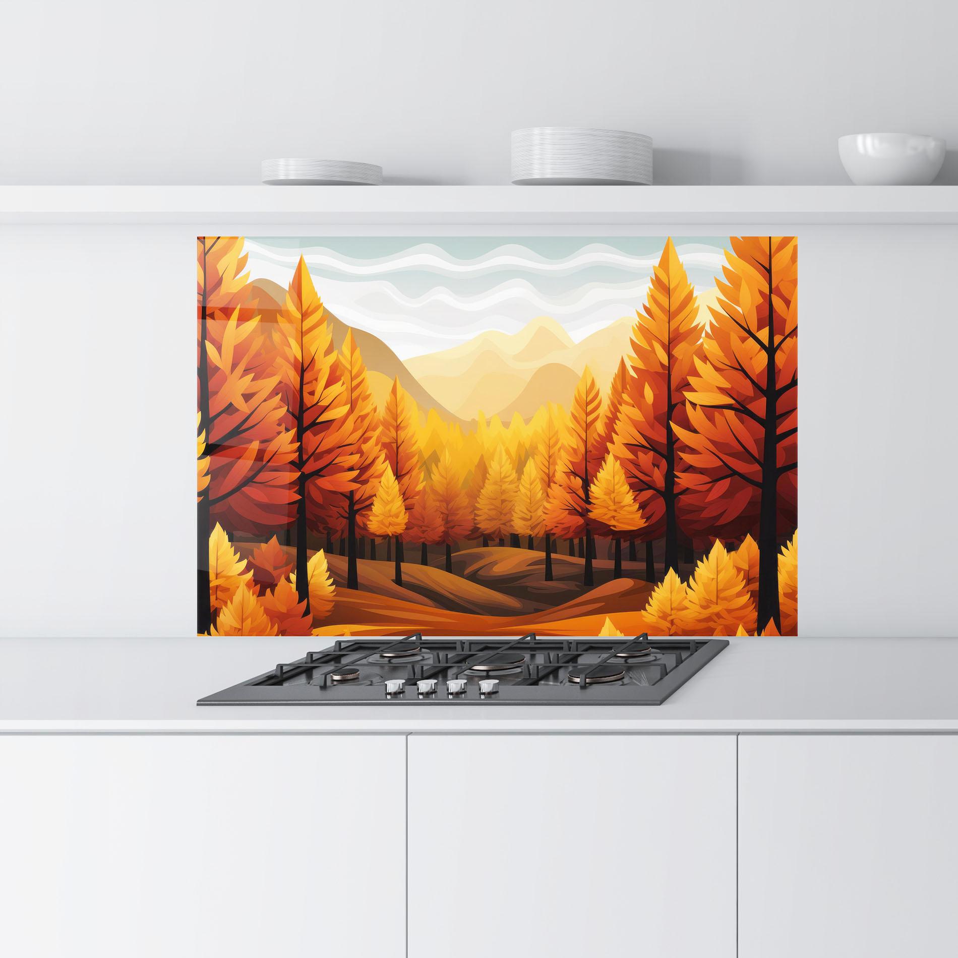 Küchenrückwand Glas Autumn Trees Orange mockup 9