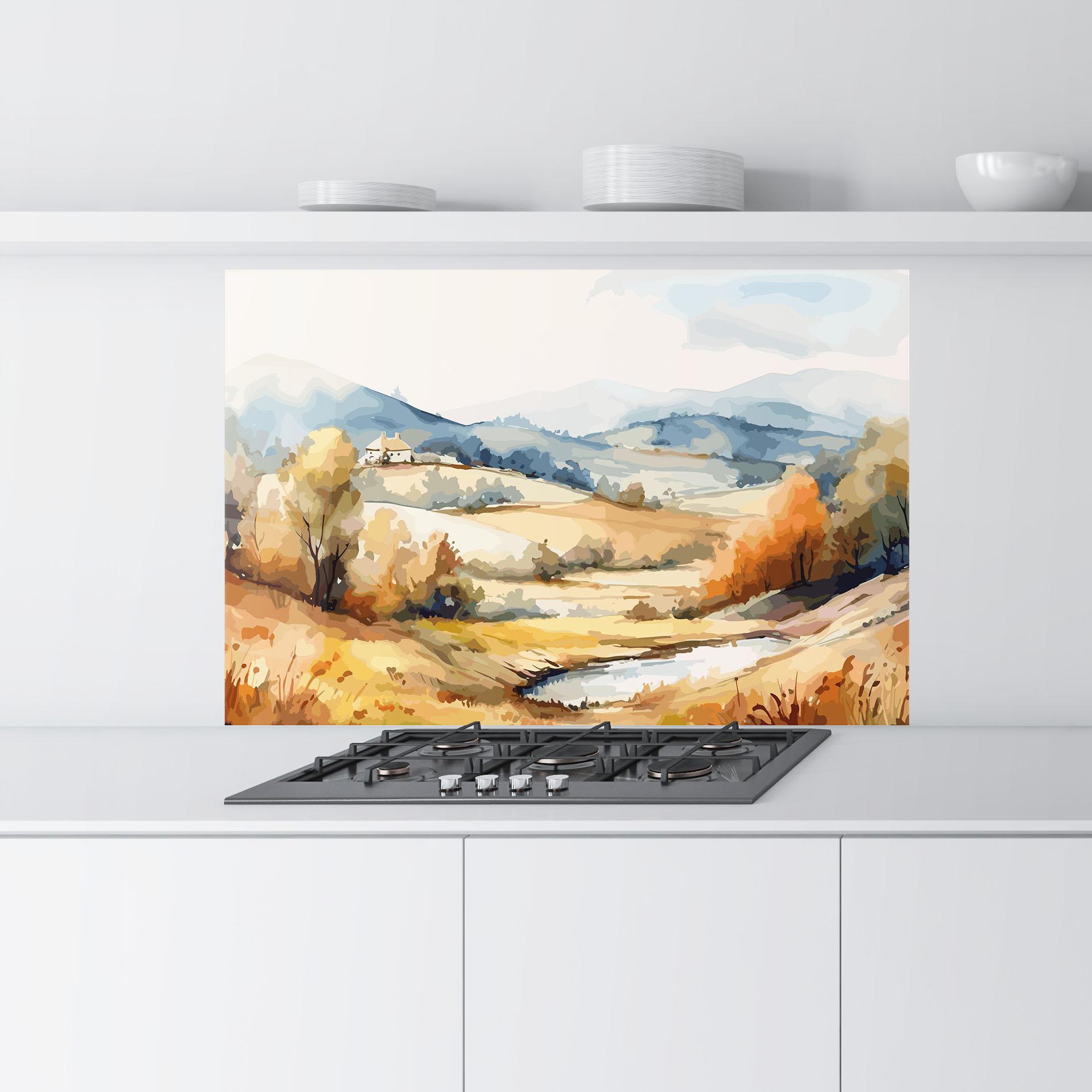 Küchenrückwand Glas Blue Orange Autumn mockup 9