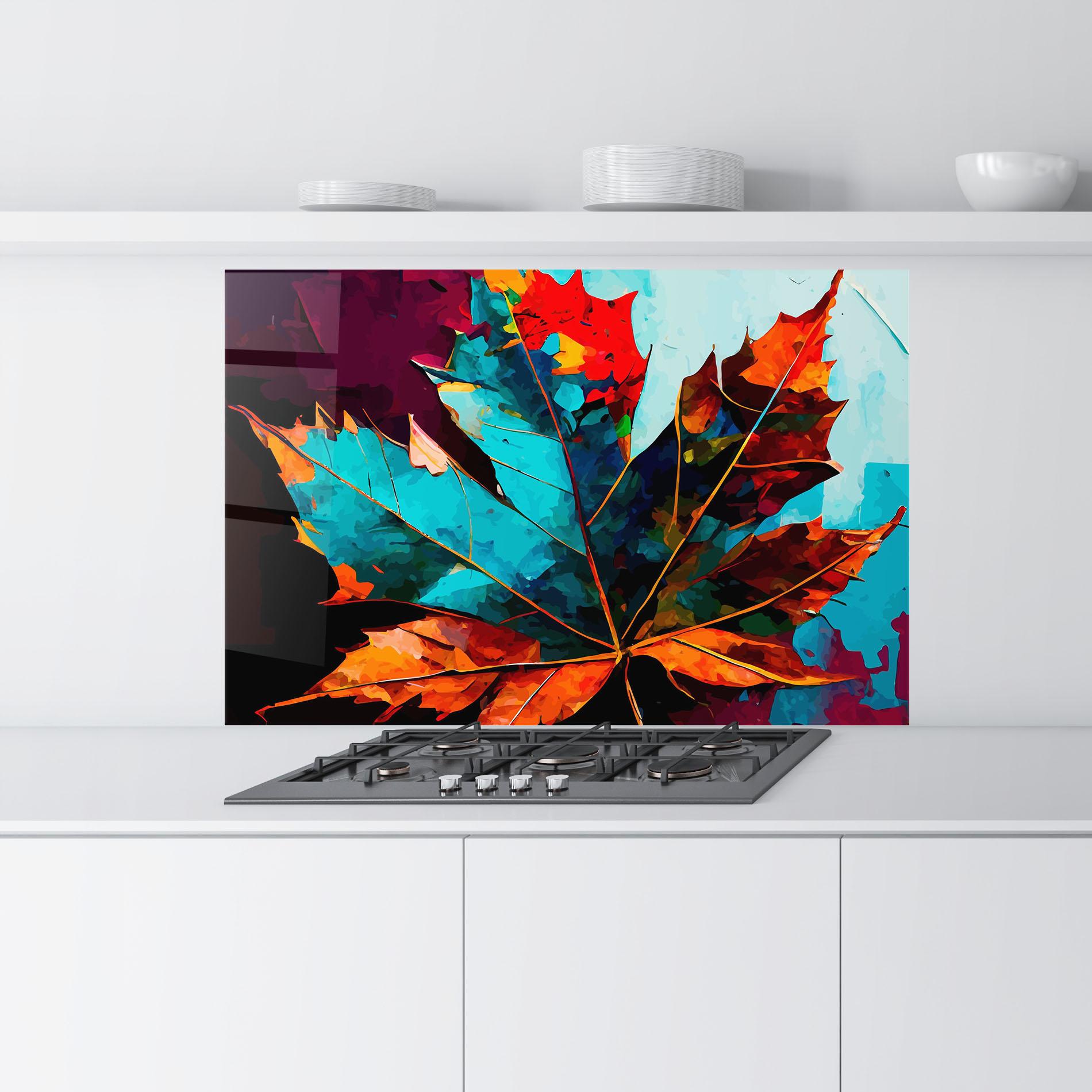 Küchenrückwand Glas Blue Orange Leaf mockup 9