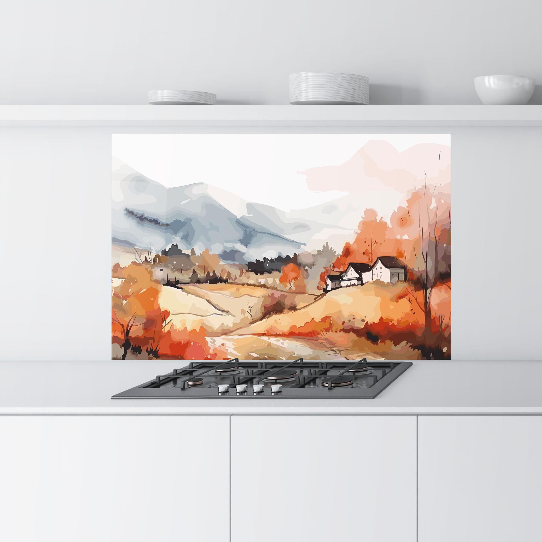 Küchenrückwand Glas Orange Grey Autumn mockup 9