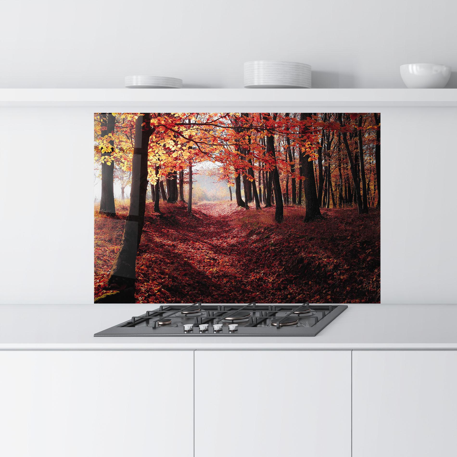 Küchenrückwand Glas Red Leaves Forest mockup 9