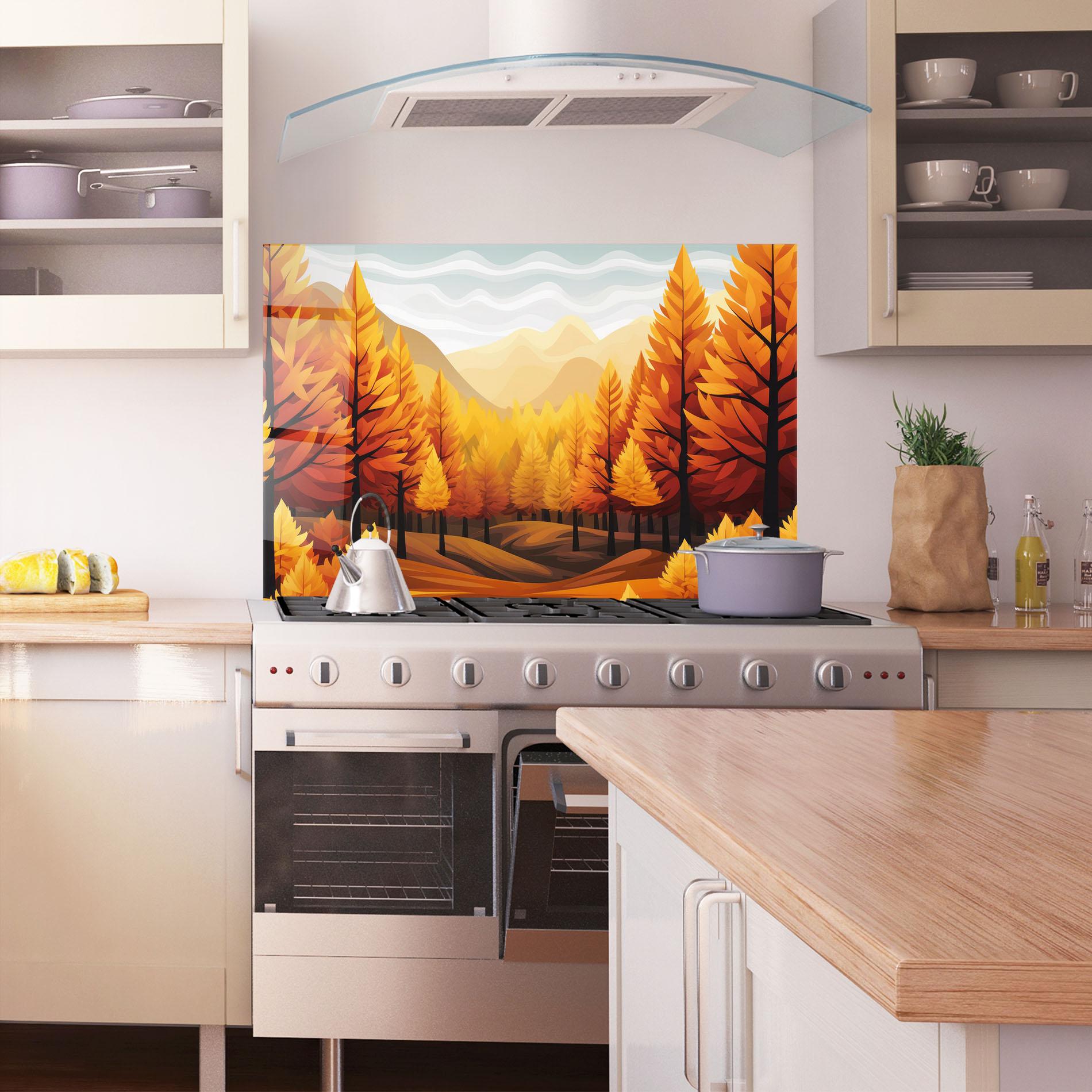 Küchenrückwand Glas Autumn Trees Orange mockup 1