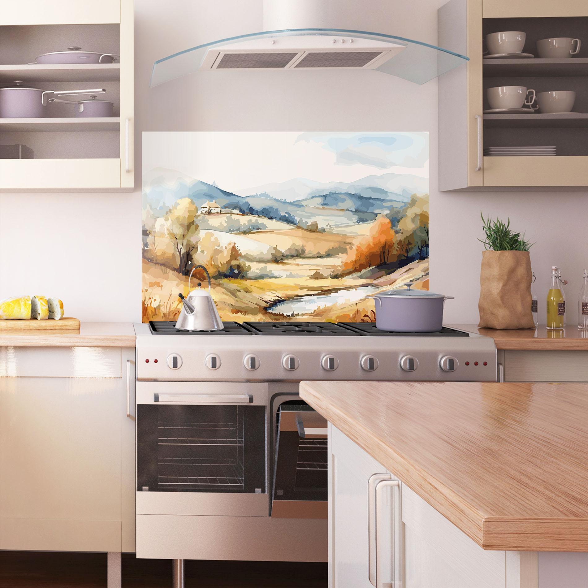 Küchenrückwand Glas Blue Orange Autumn mockup 1