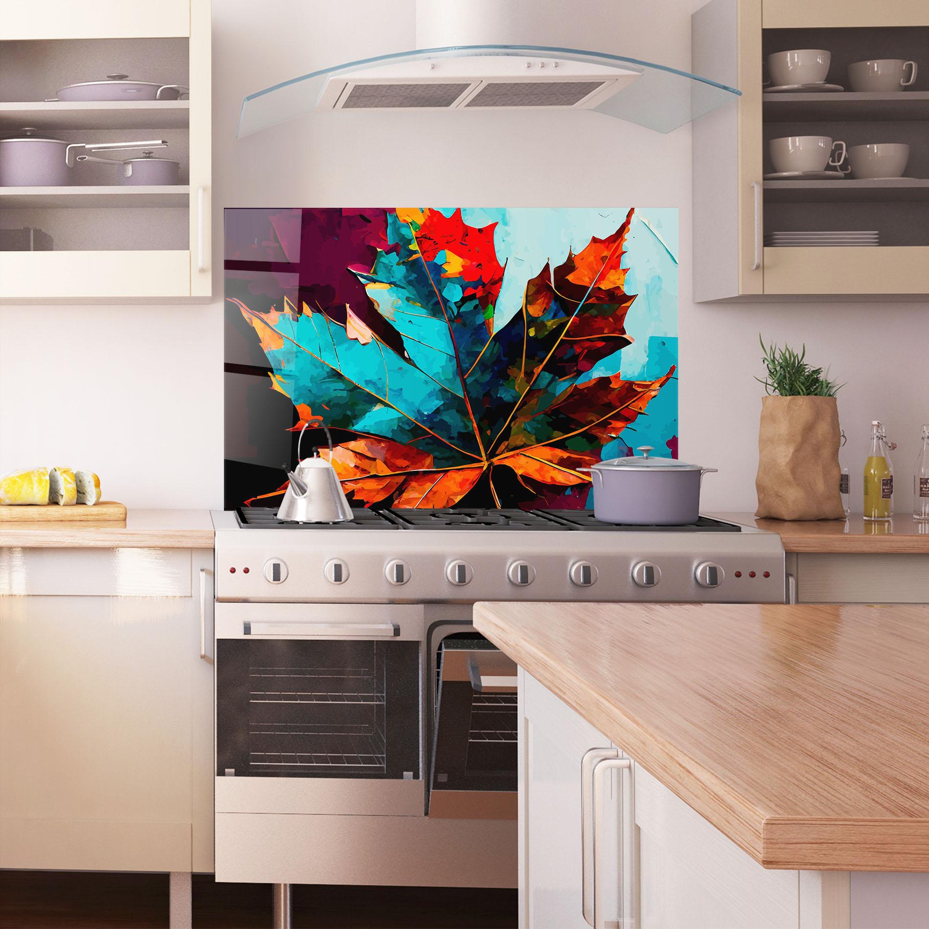 Küchenrückwand Glas Blue Orange Leaf mockup 1
