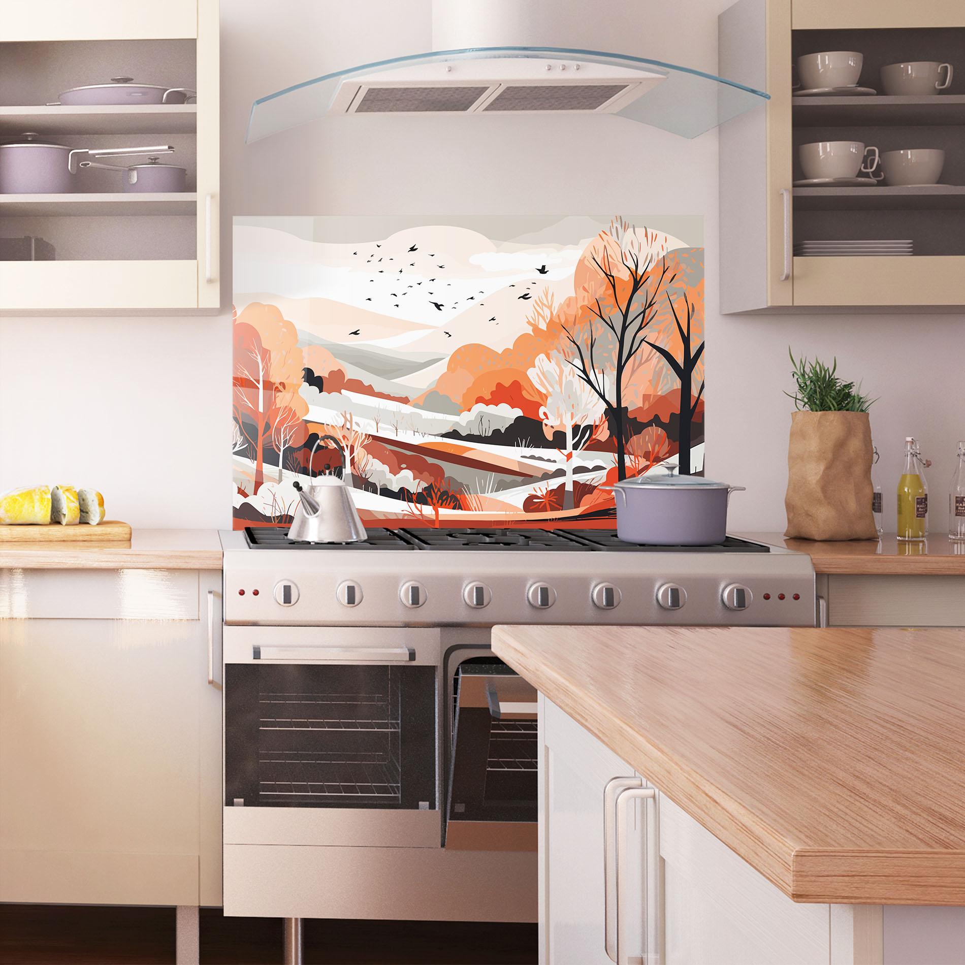 Küchenrückwand Glas Grey Orange Autumn mockup 1