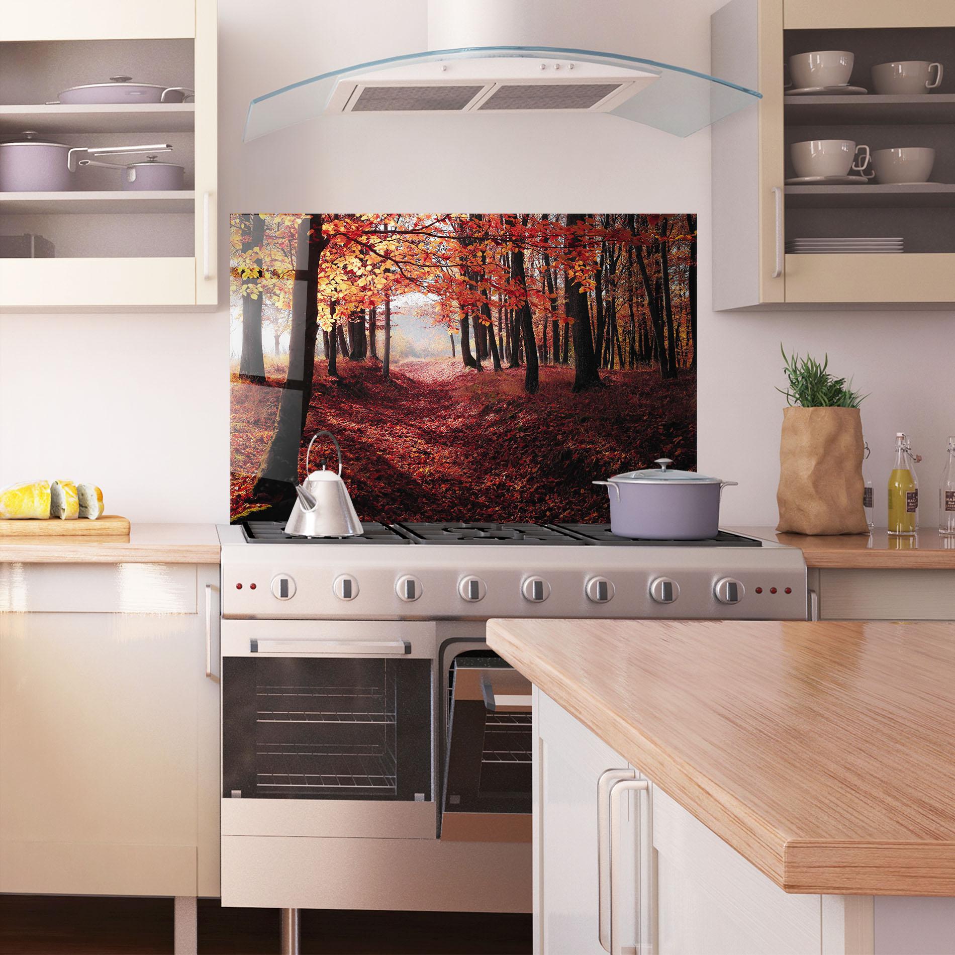 Küchenrückwand Glas Red Leaves Forest mockup 1