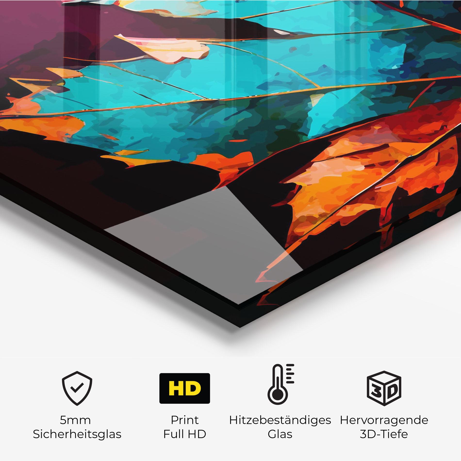 Küchenrückwand Glas Blue Orange Leaf mockup 2