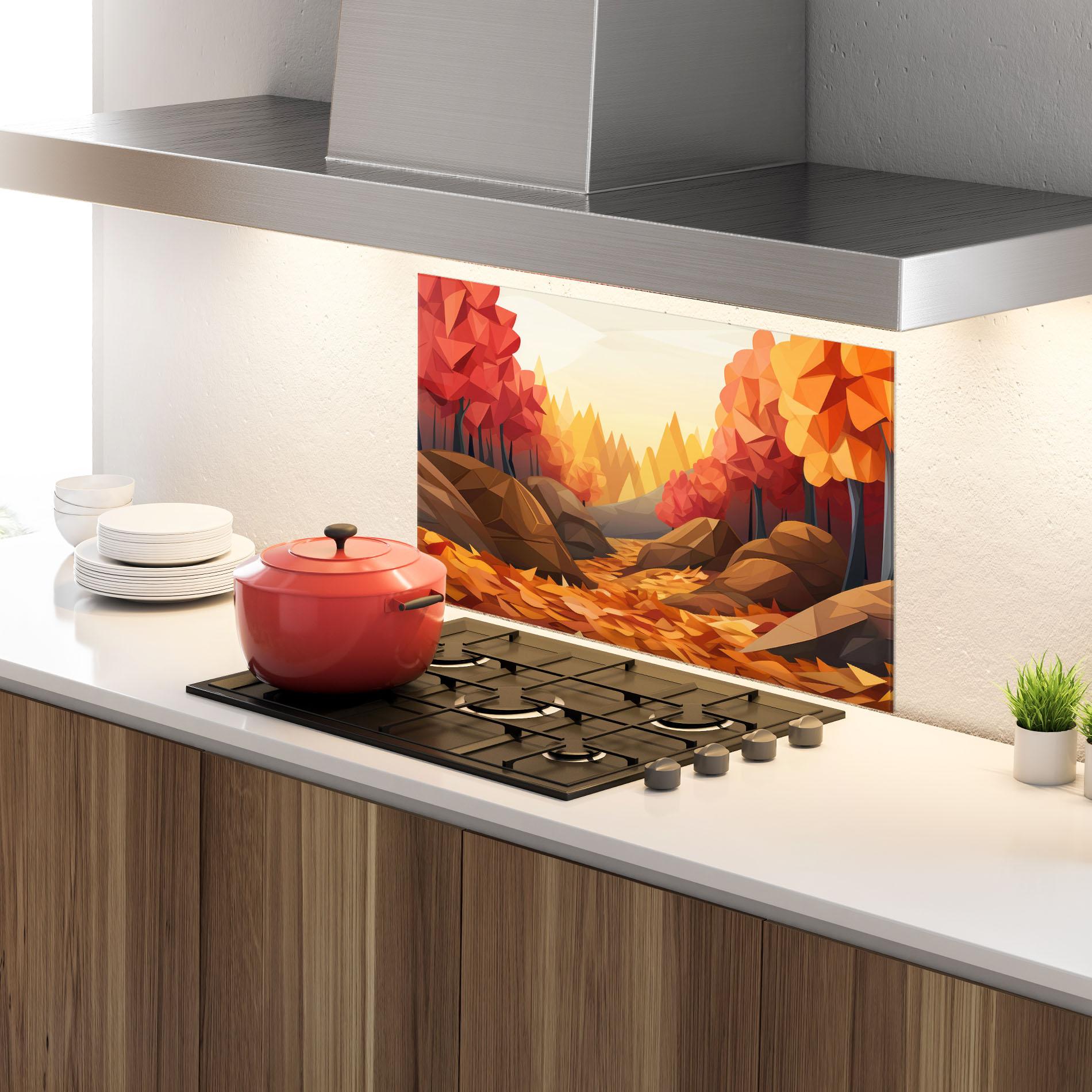 Küchenrückwand Glas Autumn Orange Forest mockup 4