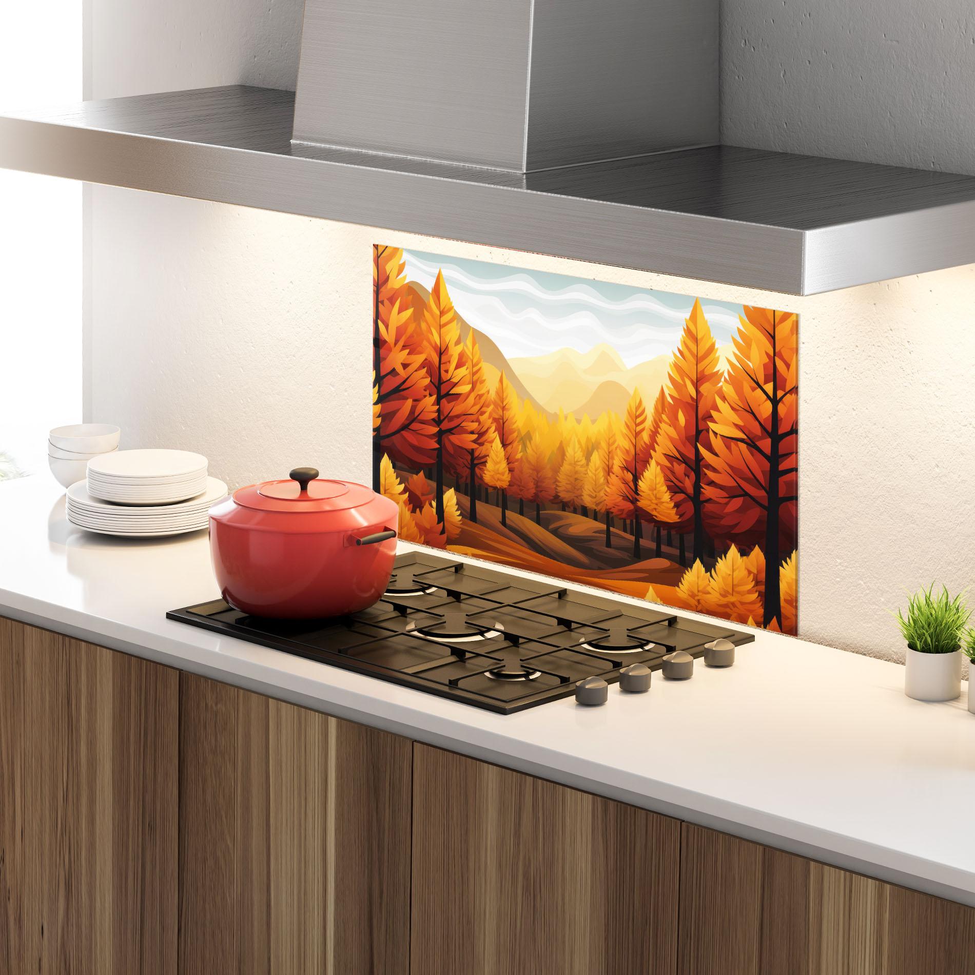 Küchenrückwand Glas Autumn Trees Orange mockup 4