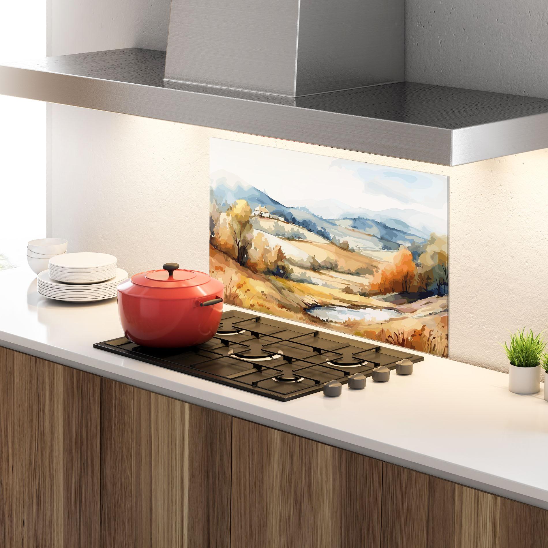 Küchenrückwand Glas Blue Orange Autumn mockup 4