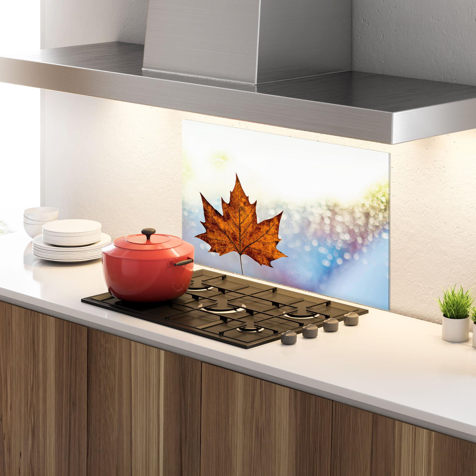 Küchenrückwand Glas Brown Orange Leaf mockup 4