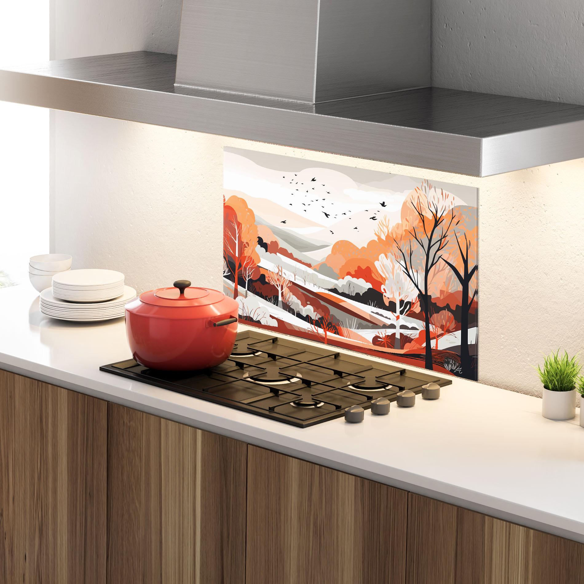 Küchenrückwand Glas Grey Orange Autumn mockup 4