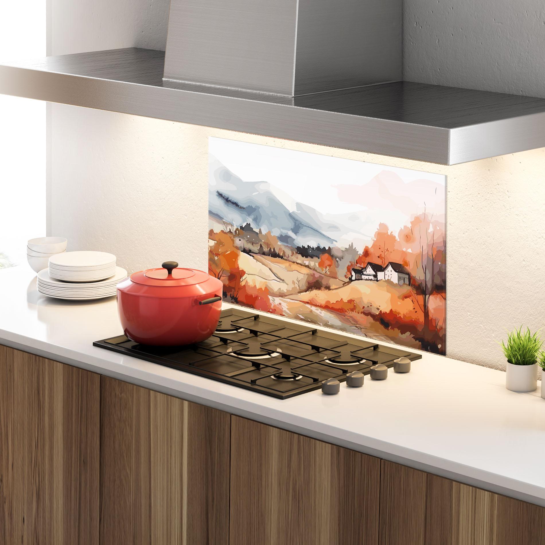 Küchenrückwand Glas Orange Grey Autumn mockup 4