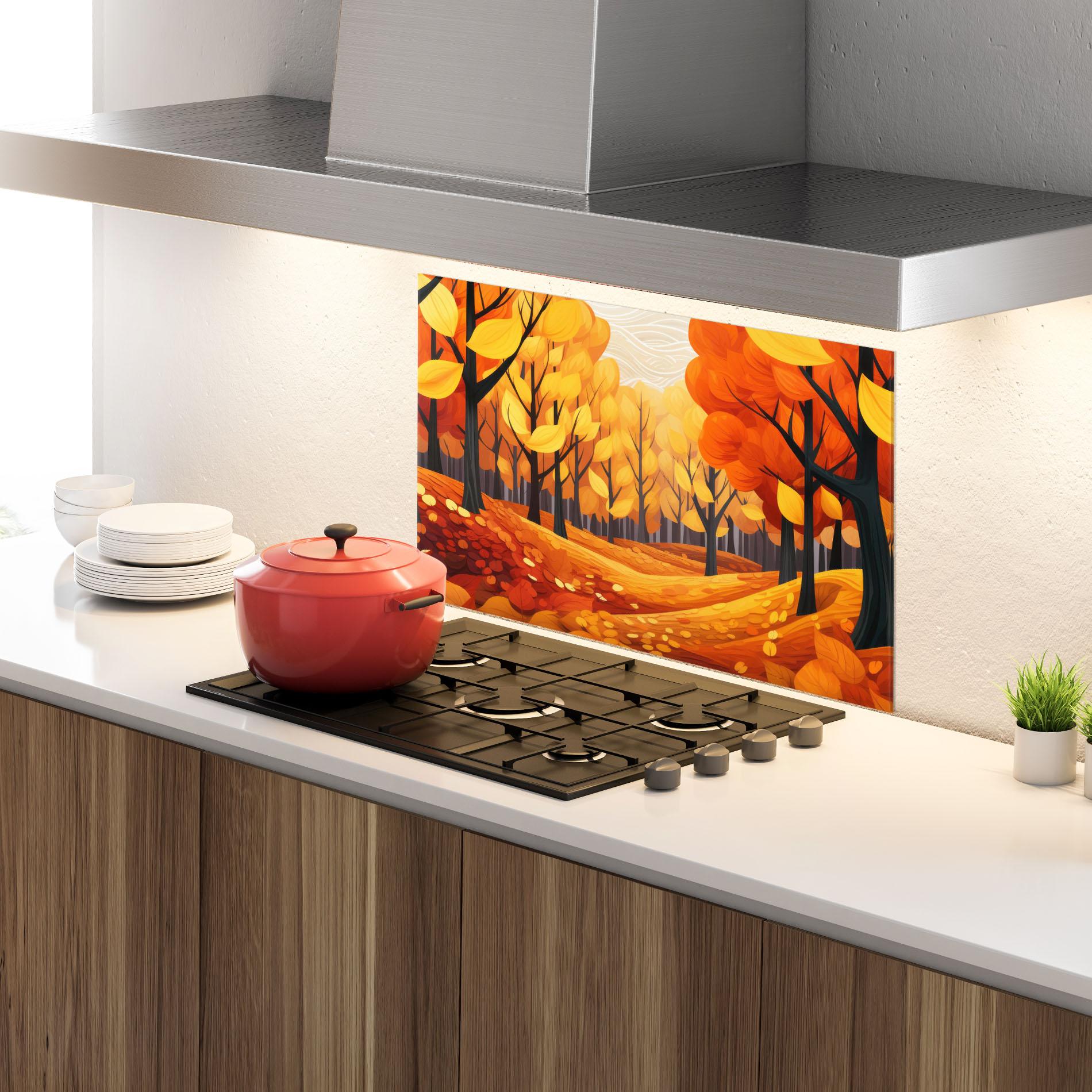Küchenrückwand Glas Orange Trees Forest mockup 4