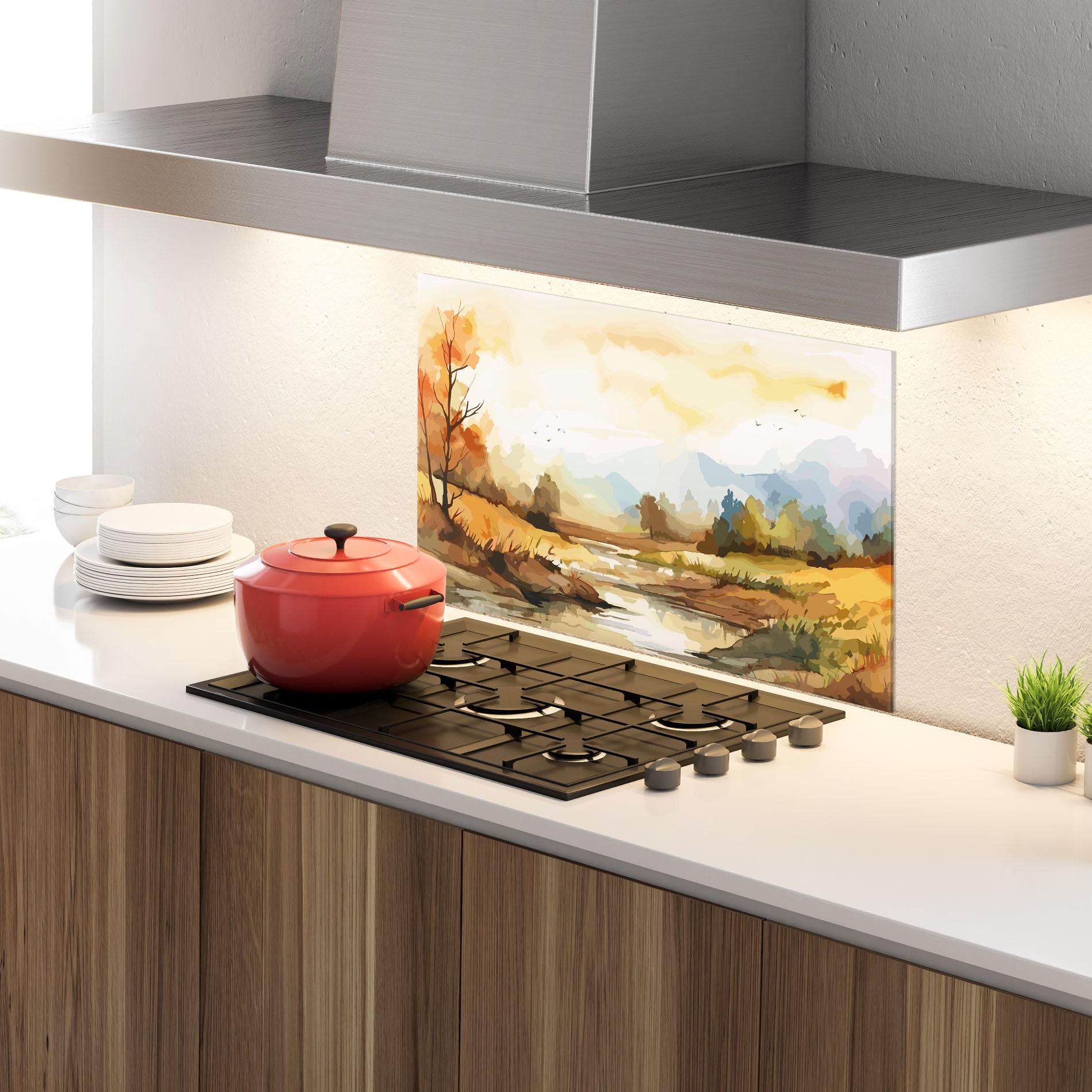 Küchenrückwand Glas Orange Yellow Autumn mockup 4