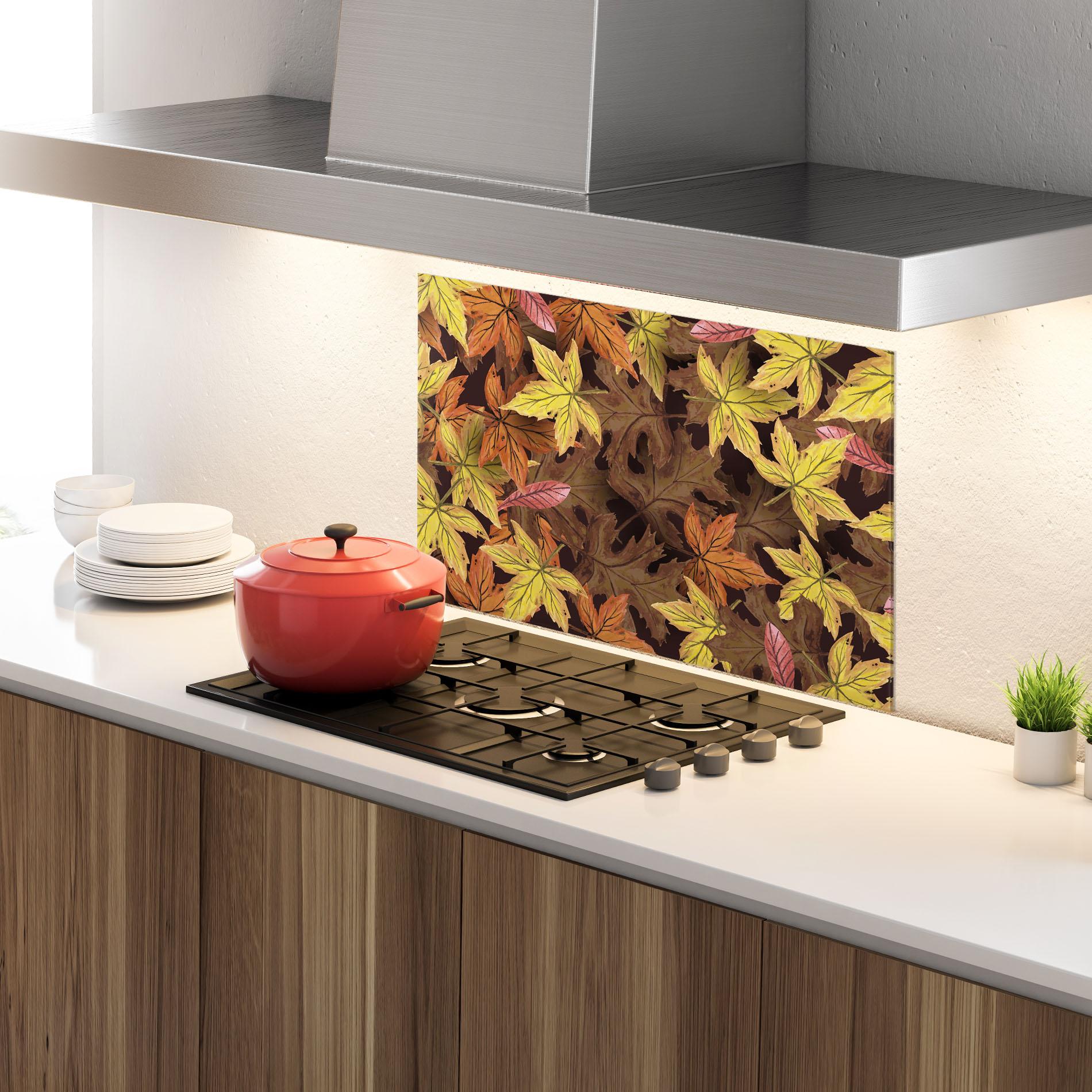 Küchenrückwand Glas Painted Leaves mockup 4