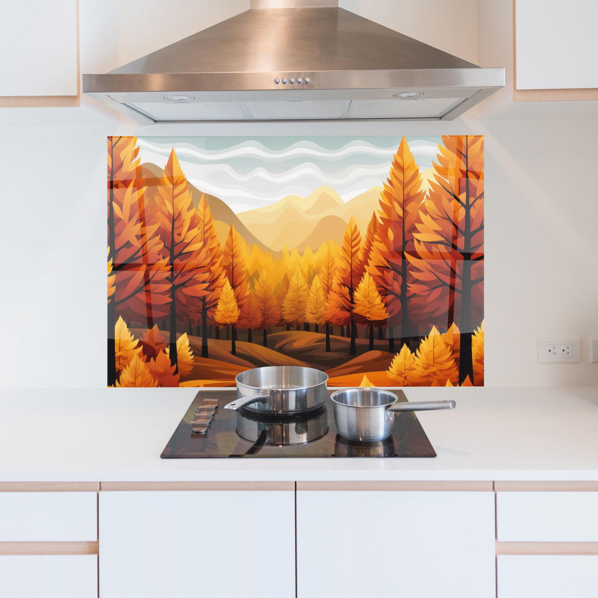 Küchenrückwand Glas Autumn Trees Orange mockup 5
