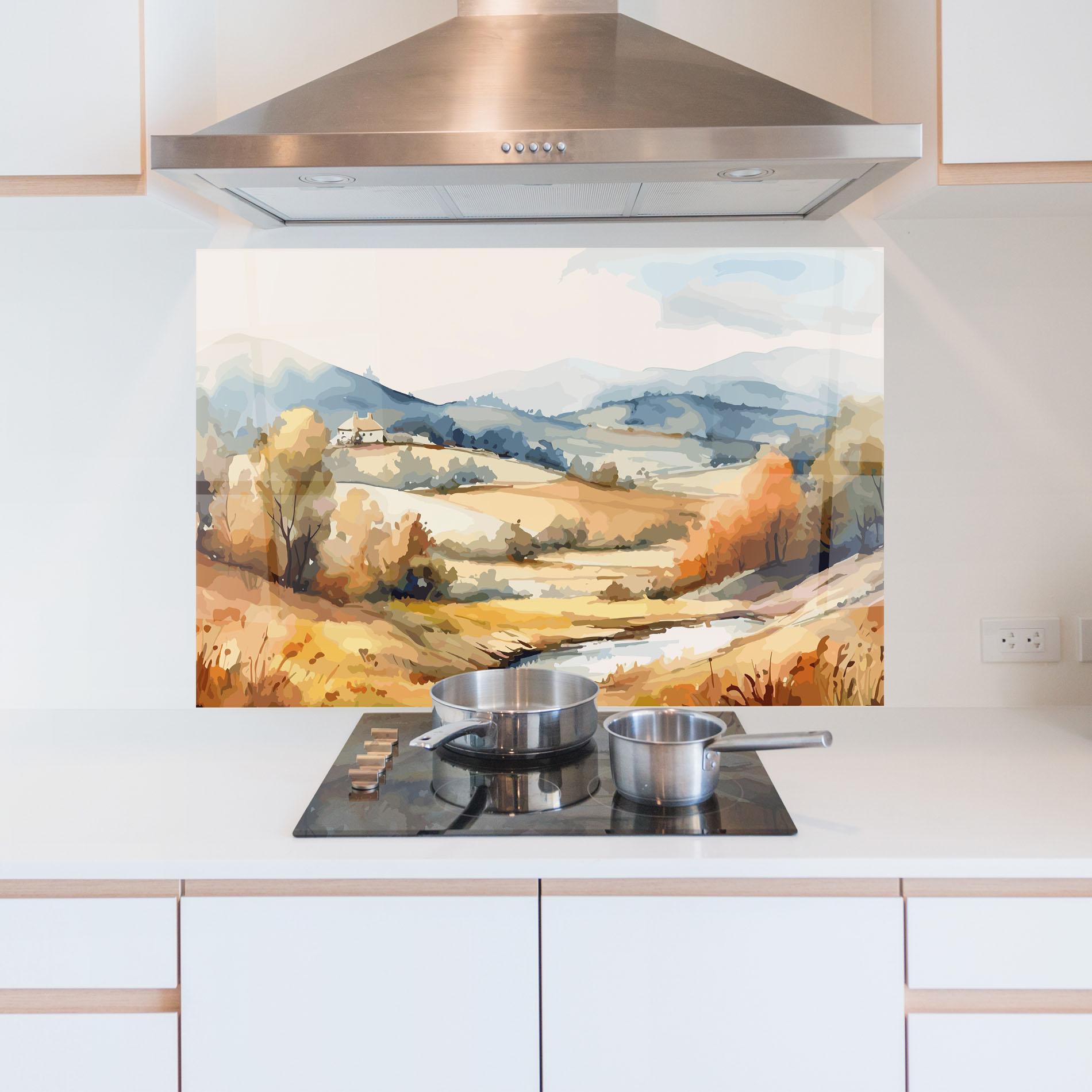 Küchenrückwand Glas Blue Orange Autumn mockup 5