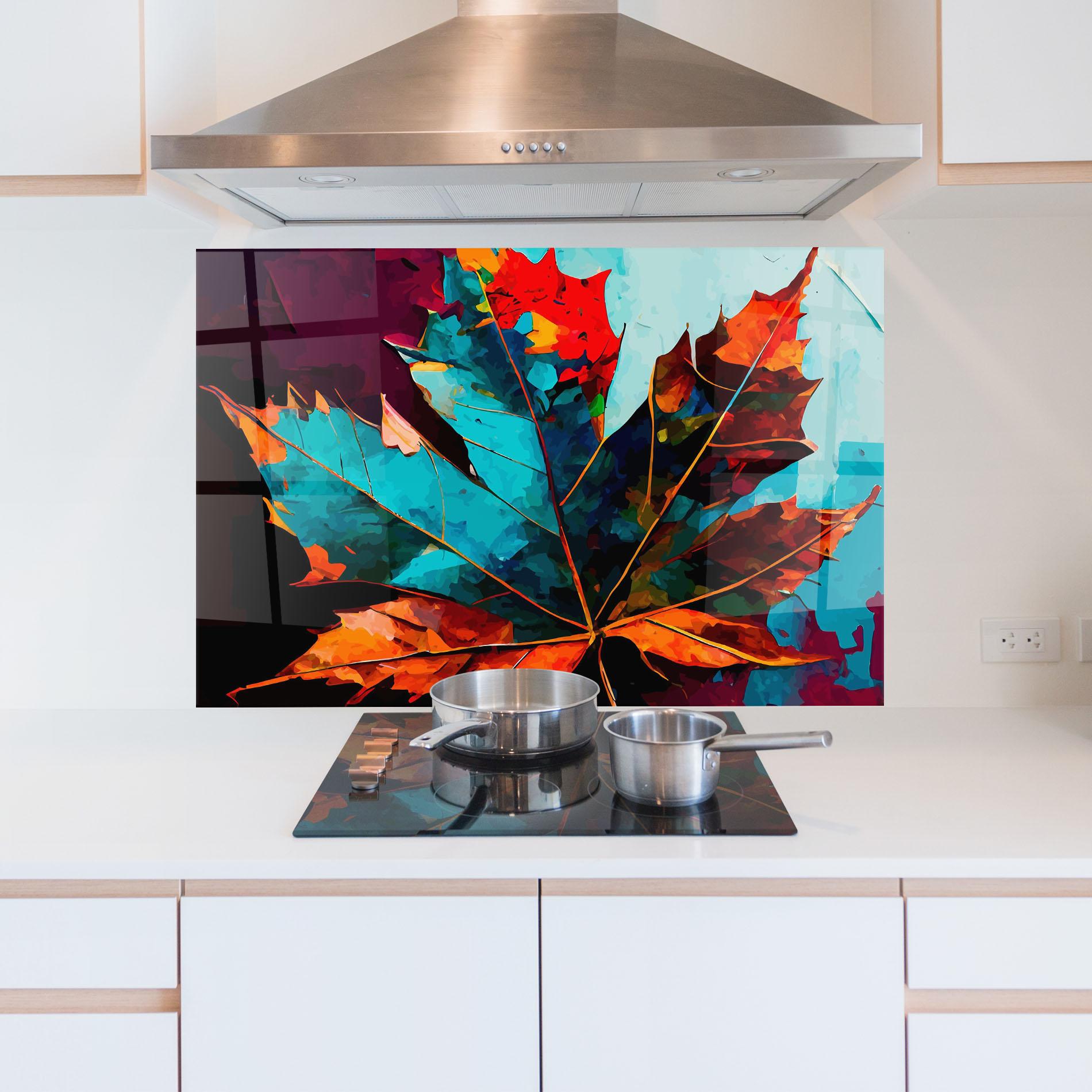 Küchenrückwand Glas Blue Orange Leaf mockup 5