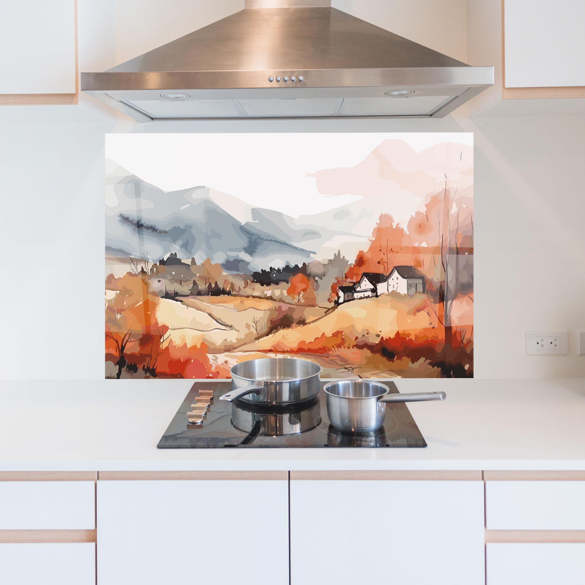 Küchenrückwand Glas Orange Grey Autumn mockup 5