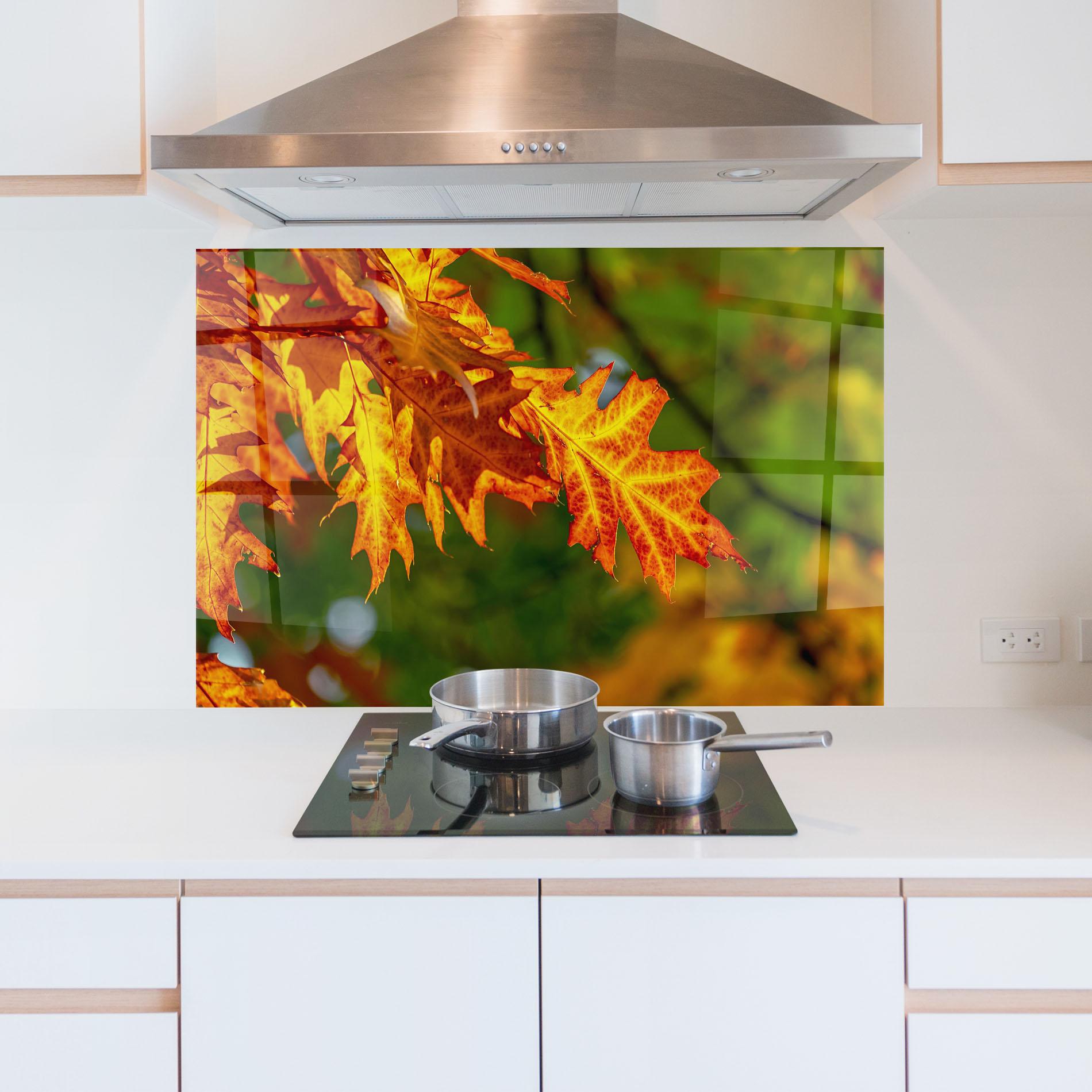 Küchenrückwand Glas Orange Yellow Leaves mockup 5