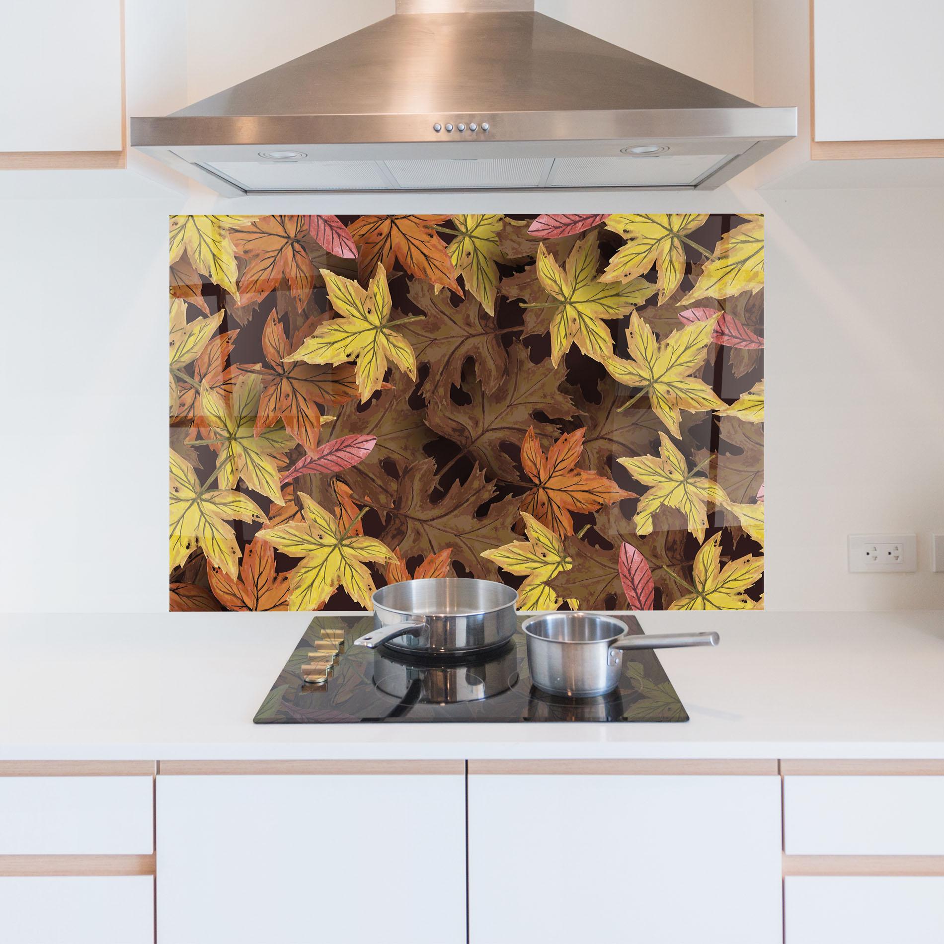 Küchenrückwand Glas Painted Leaves mockup 5