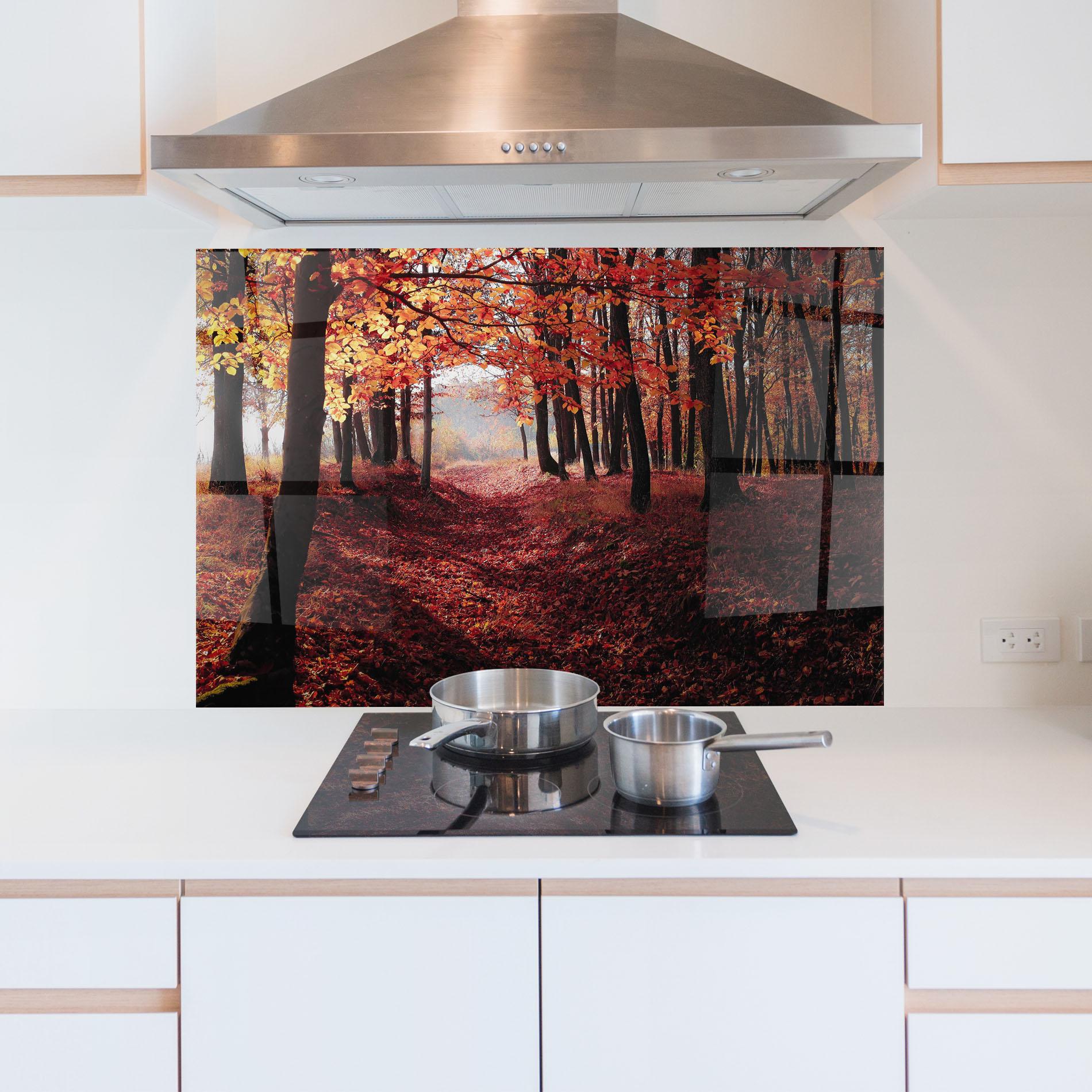 Küchenrückwand Glas Red Leaves Forest mockup 5