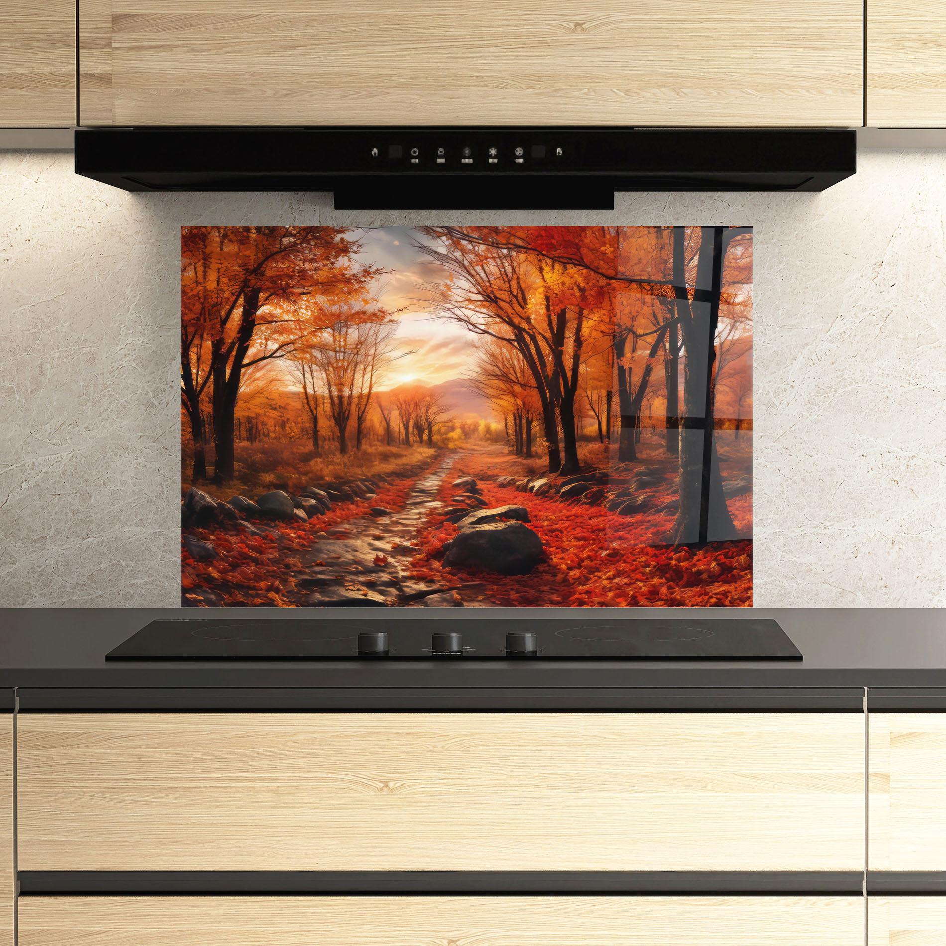 Küchenrückwand Glas Autumn Path mockup 3