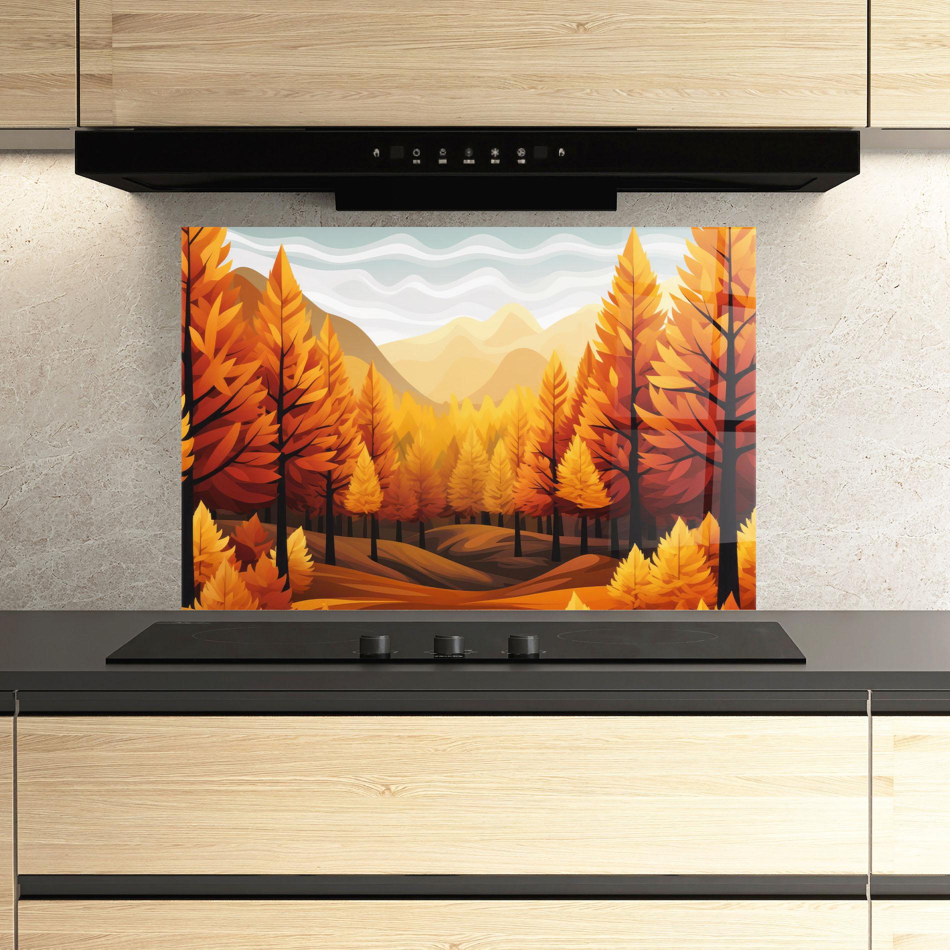 Küchenrückwand Glas Autumn Trees Orange mockup 3