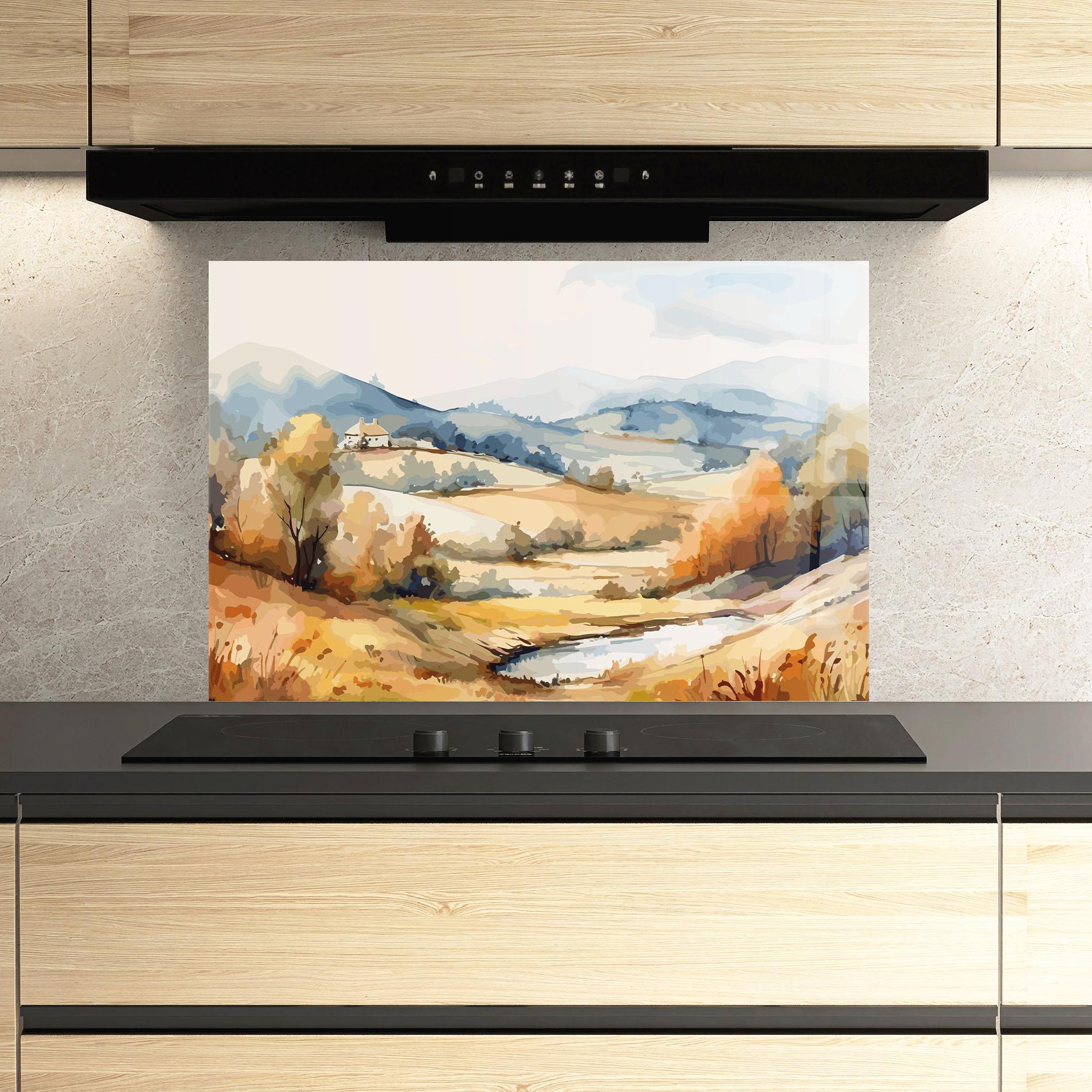 Küchenrückwand Glas Blue Orange Autumn mockup 3