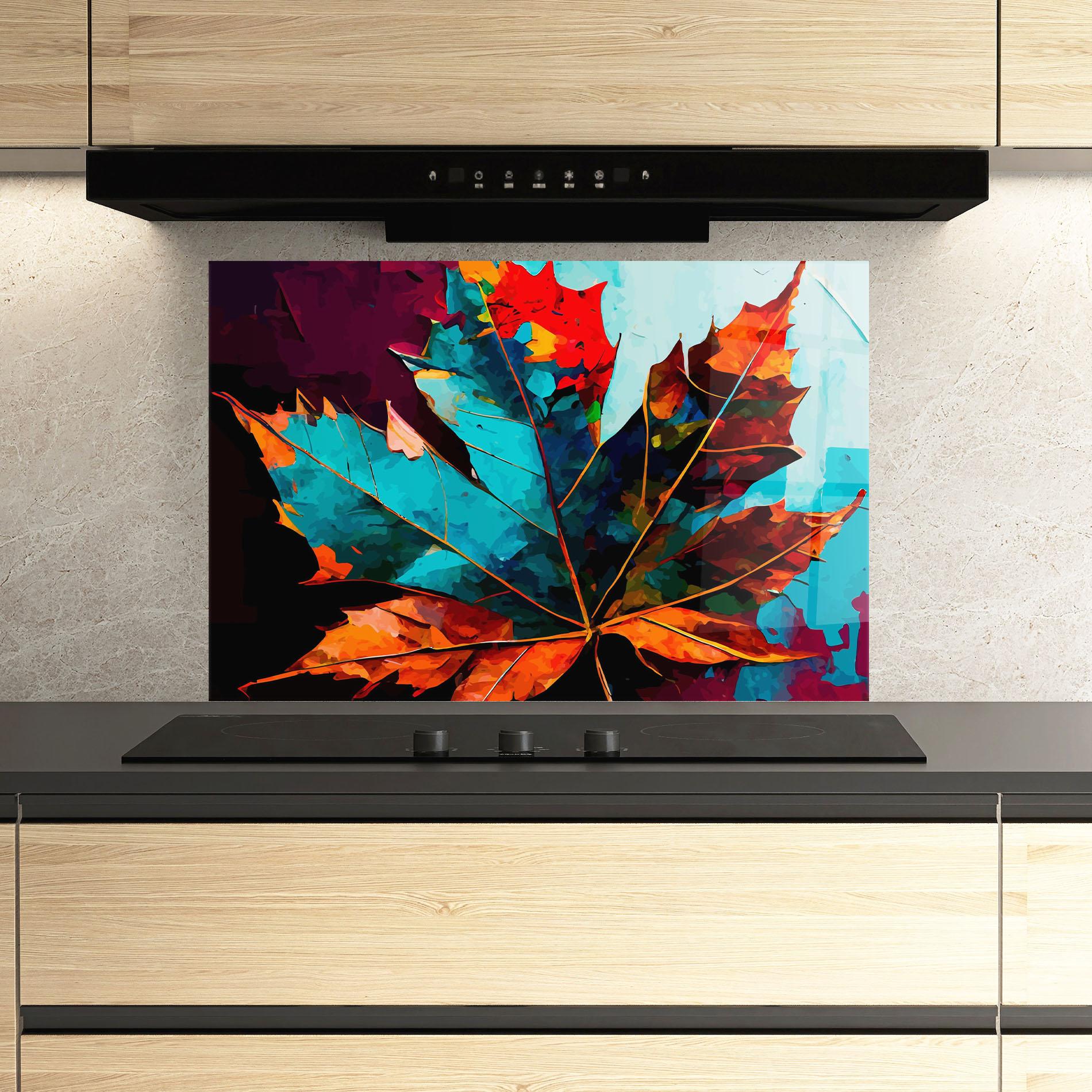 Küchenrückwand Glas Blue Orange Leaf mockup 3