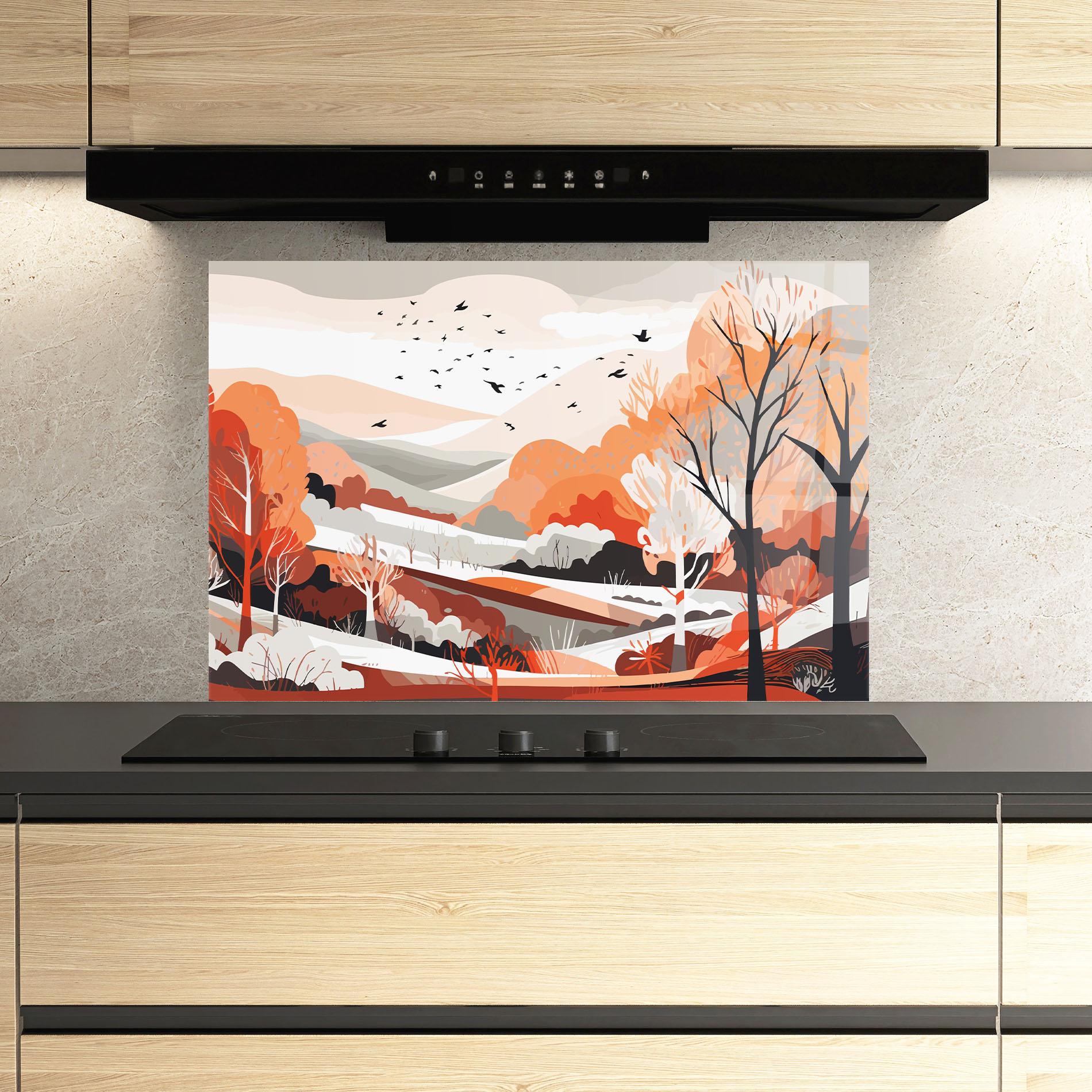 Küchenrückwand Glas Grey Orange Autumn mockup 3
