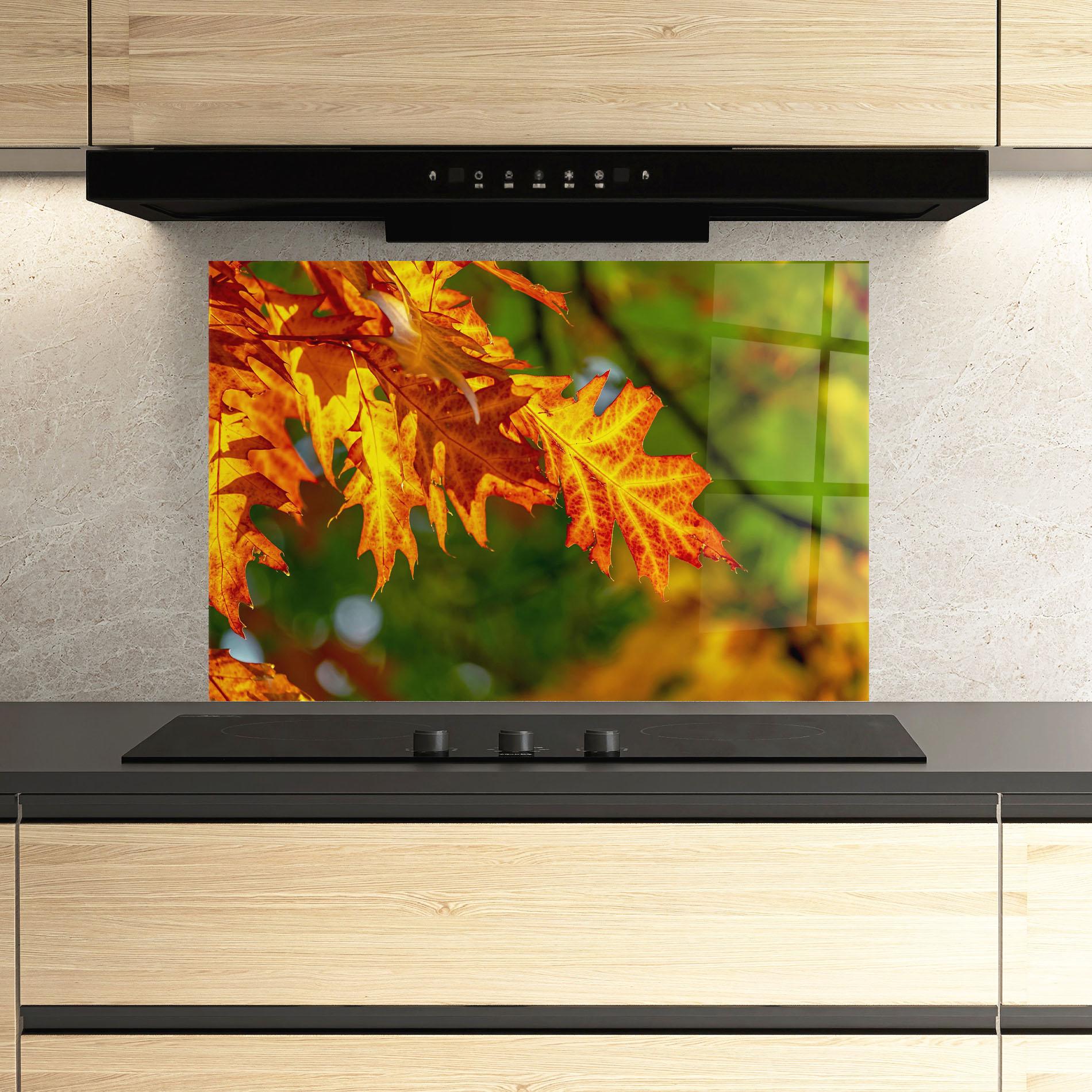 Küchenrückwand Glas Orange Yellow Leaves mockup 3