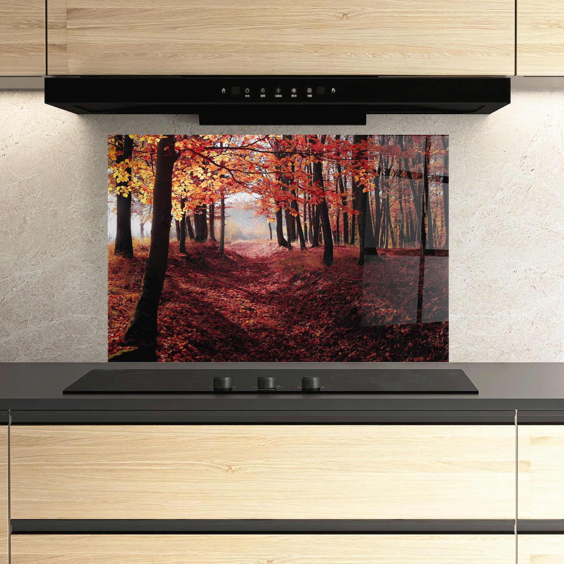 Küchenrückwand Glas Red Leaves Forest mockup 3