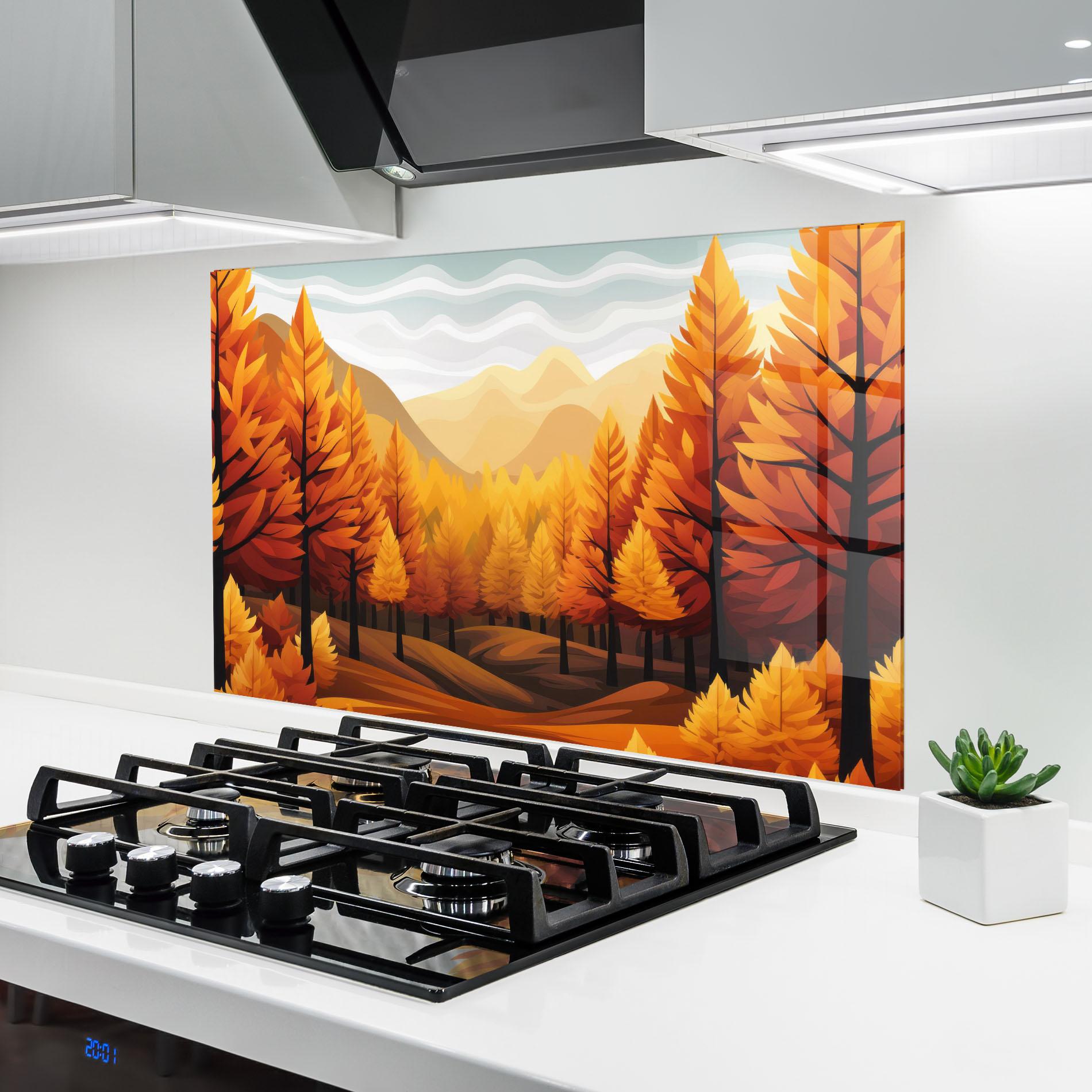 Küchenrückwand Glas Autumn Trees Orange mockup 6