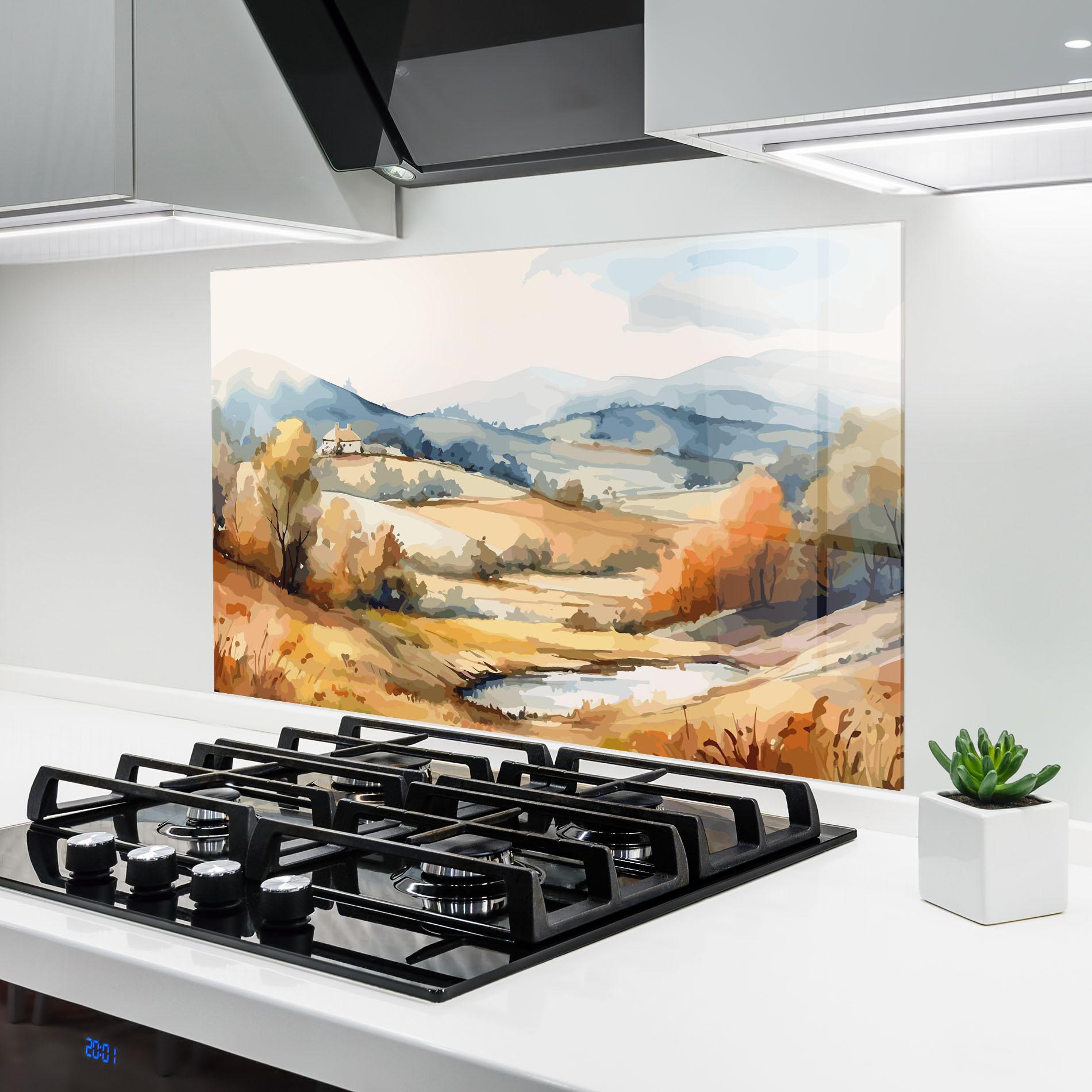 Küchenrückwand Glas Blue Orange Autumn mockup 6