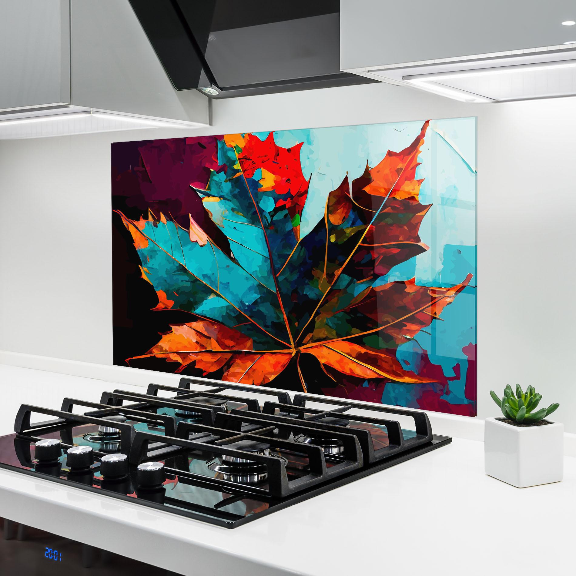 Küchenrückwand Glas Blue Orange Leaf mockup 6
