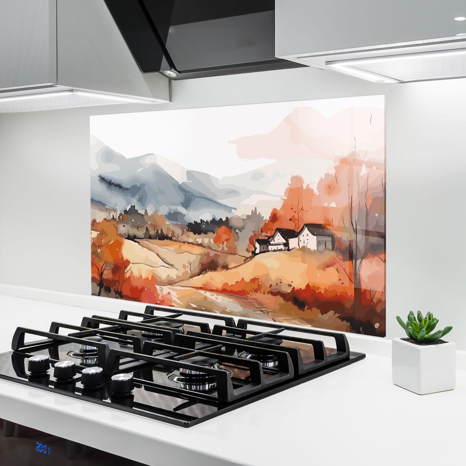 Küchenrückwand Glas Orange Grey Autumn mockup 6