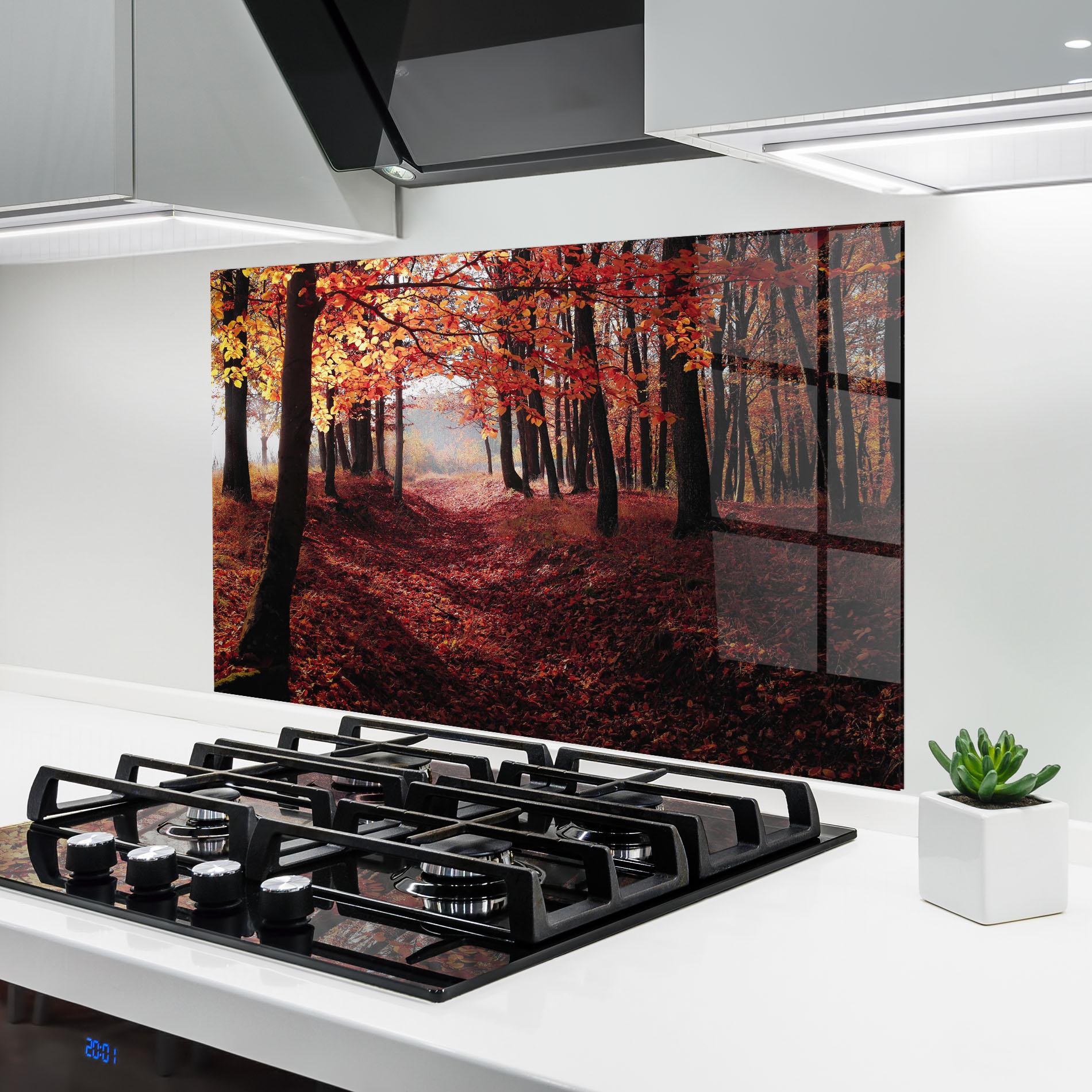 Küchenrückwand Glas Red Leaves Forest mockup 6